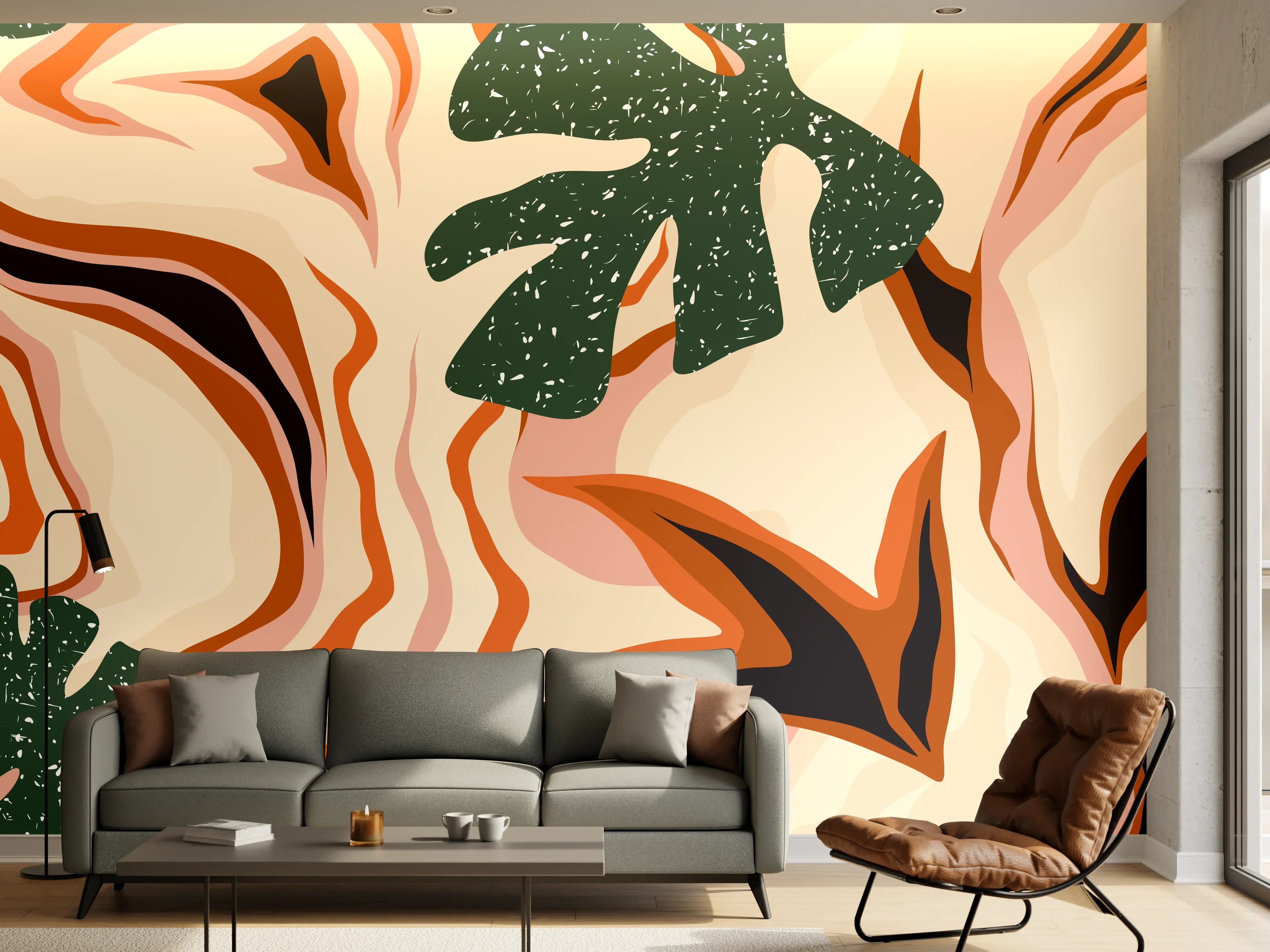 Wandverkleidung Wohnzimmer - Tropischer Vortex Beige-Orange