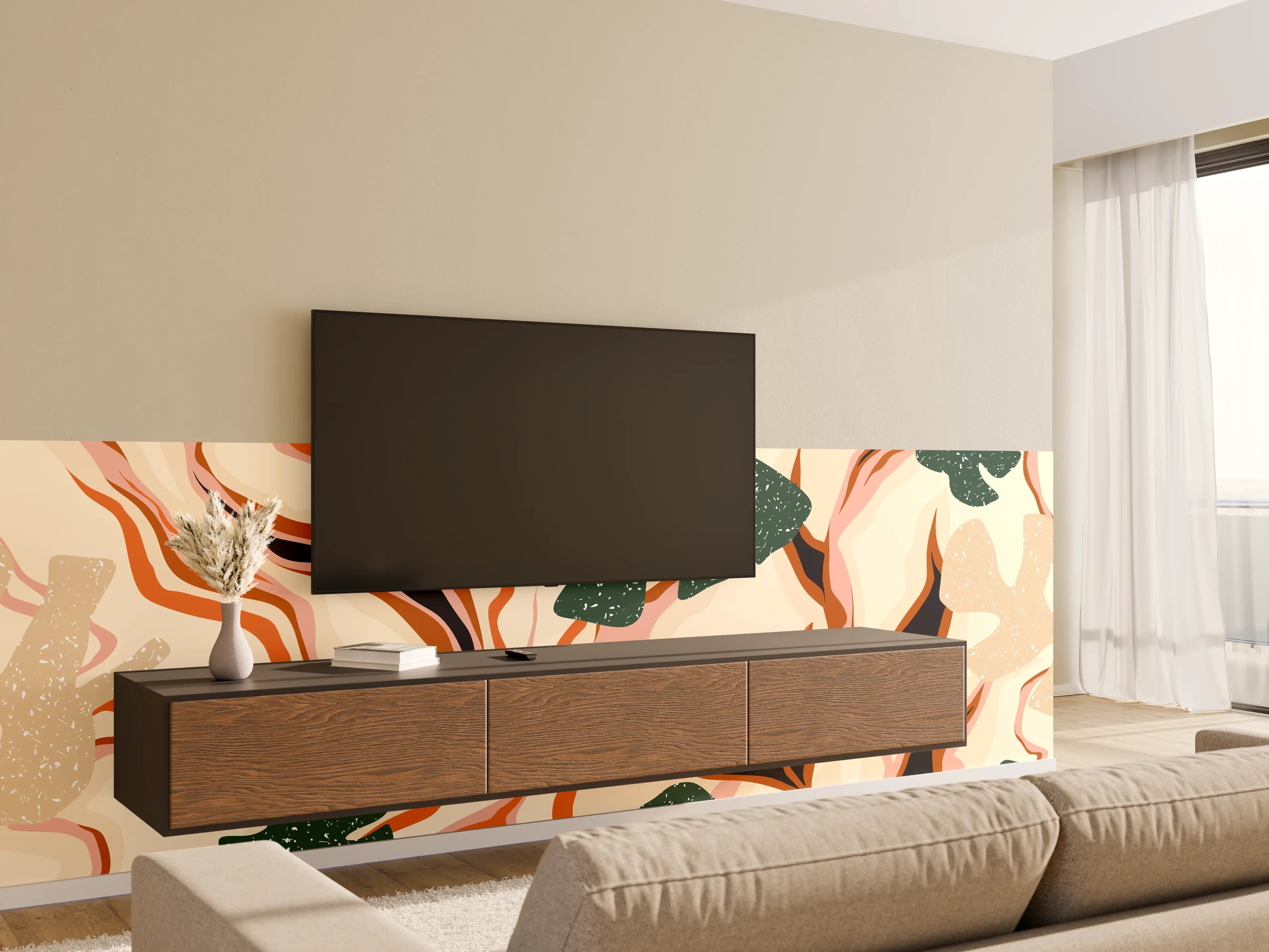 Wandverkleidung Wohnzimmer - Tropischer Vortex Beige-Orange