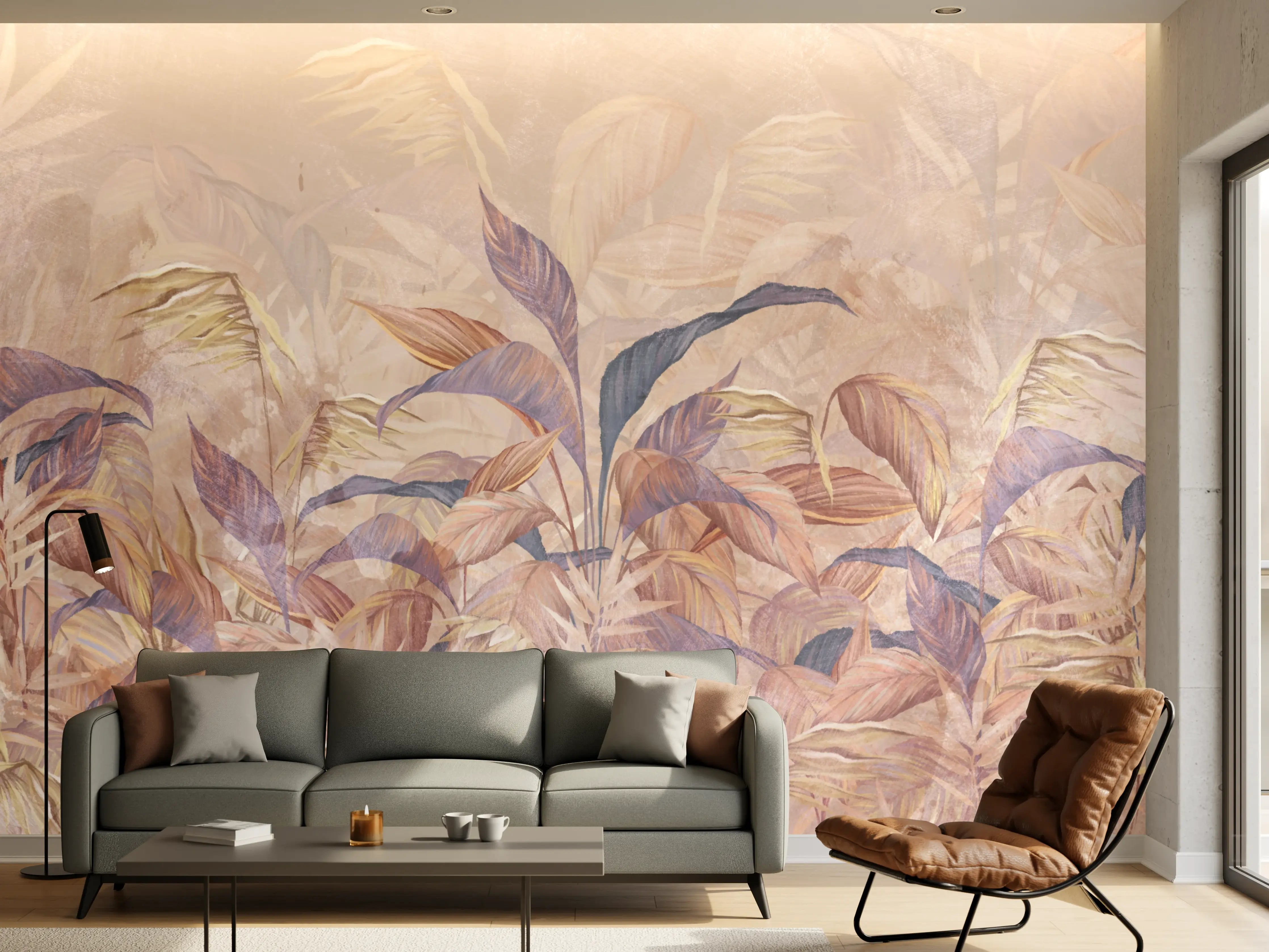 Wandverkleidung Wohnzimmer - Tropisches Blätter Design