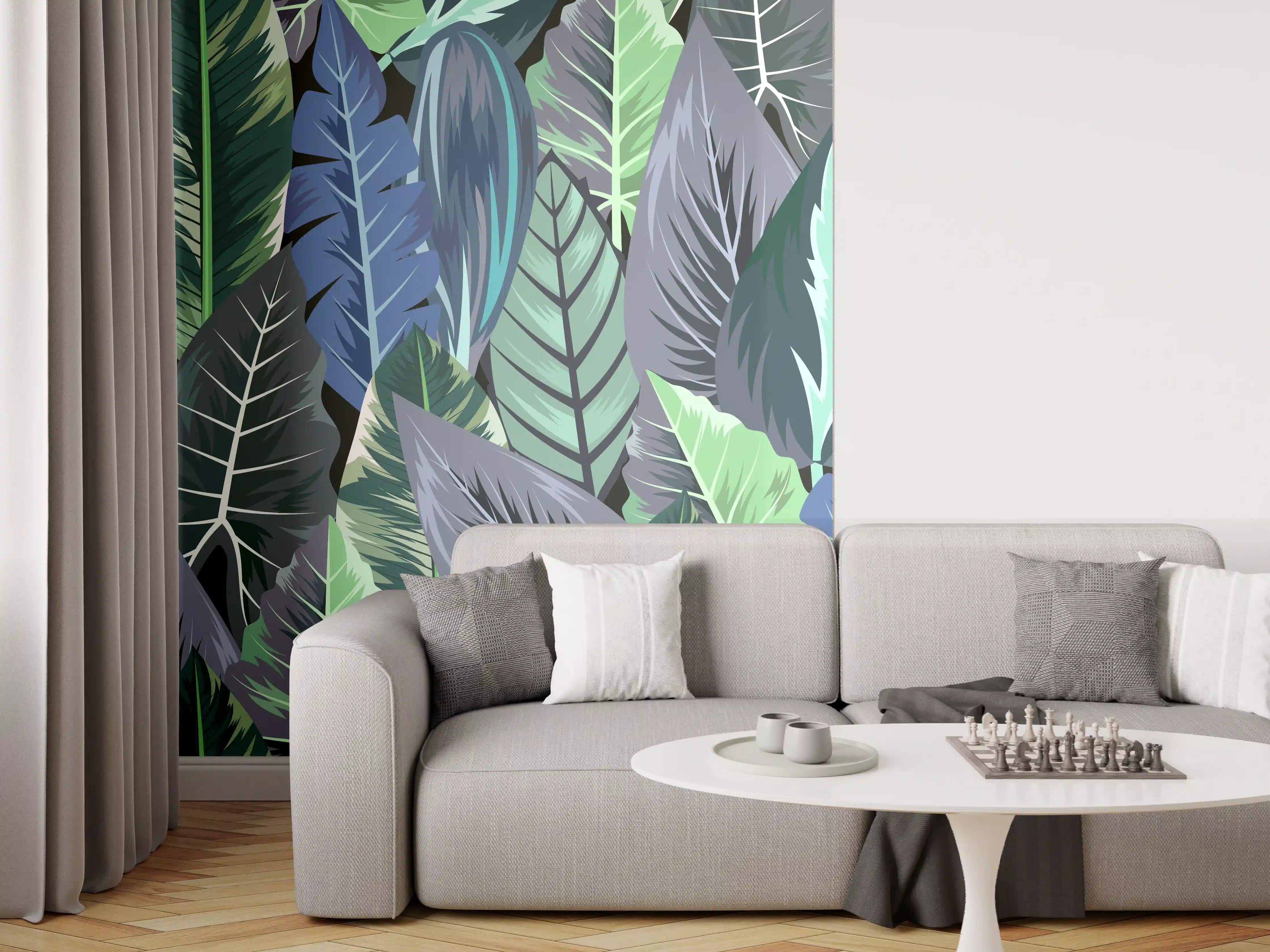 Wandverkleidung Wohnzimmer - Tropisches Blatt-Labyrinth Grün-Blau