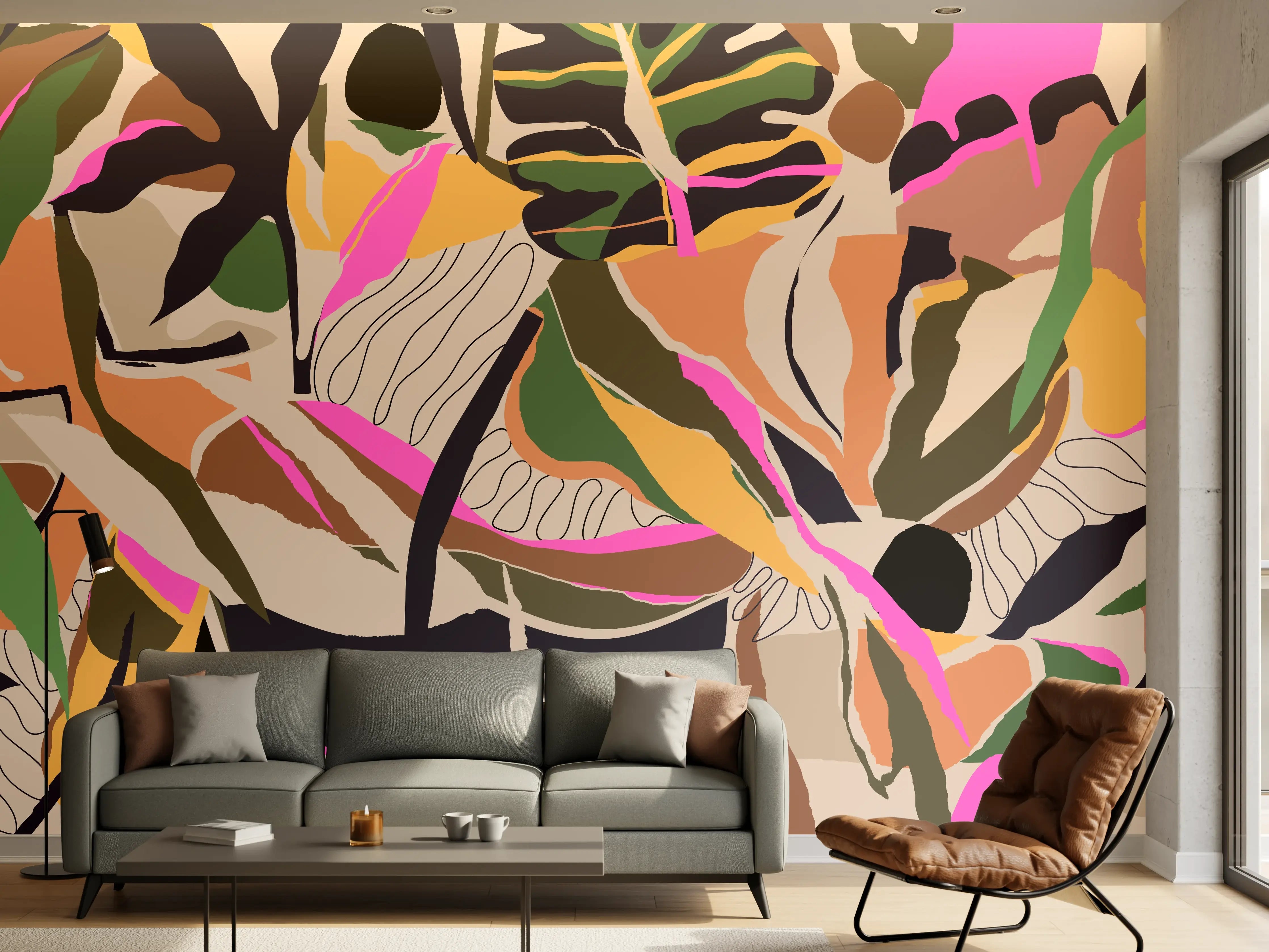 Wandverkleidung Wohnzimmer - Tropisches Blattmuster Beige-Pink
