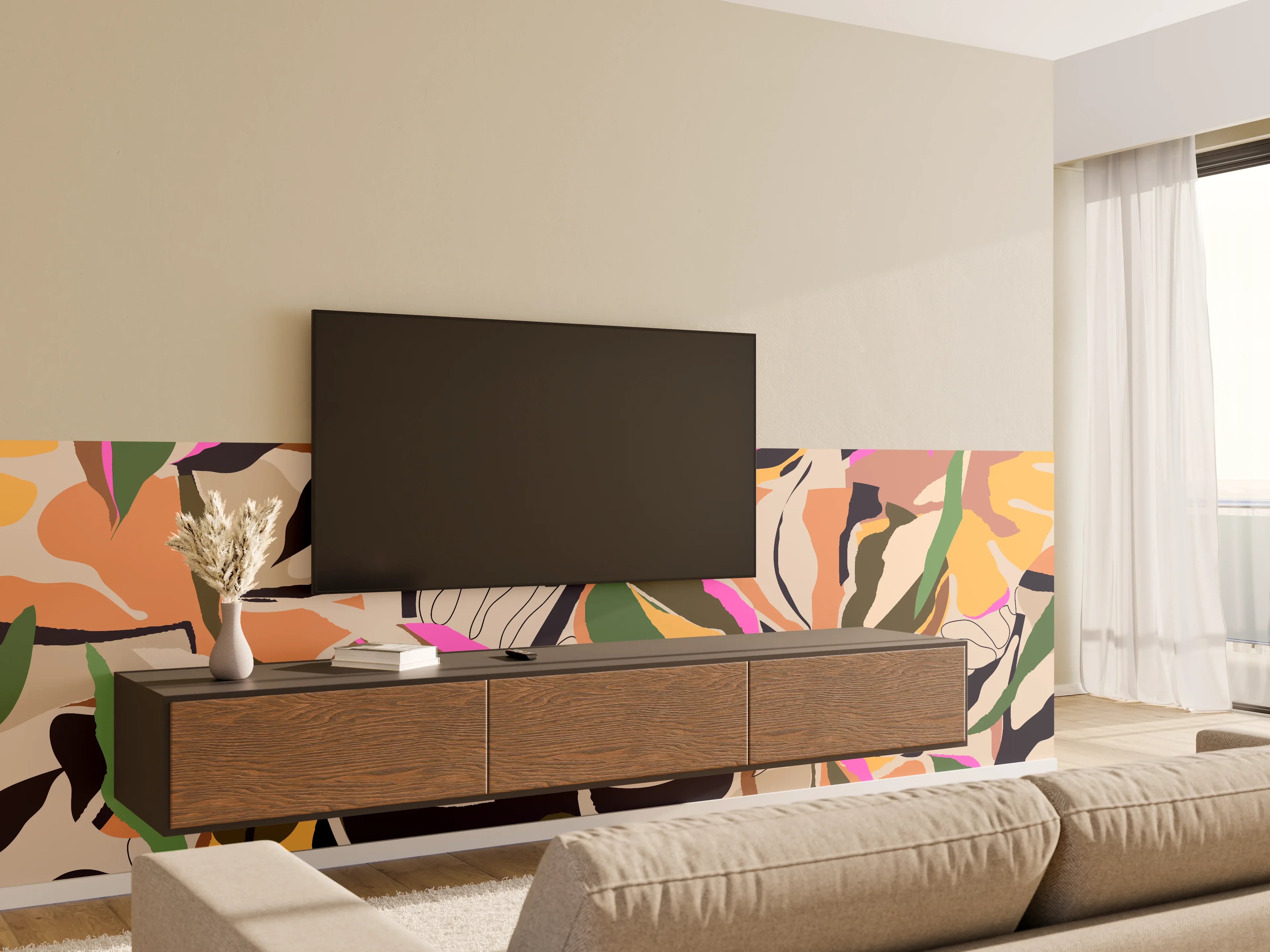 Wandverkleidung Wohnzimmer - Tropisches Blattmuster Beige-Pink