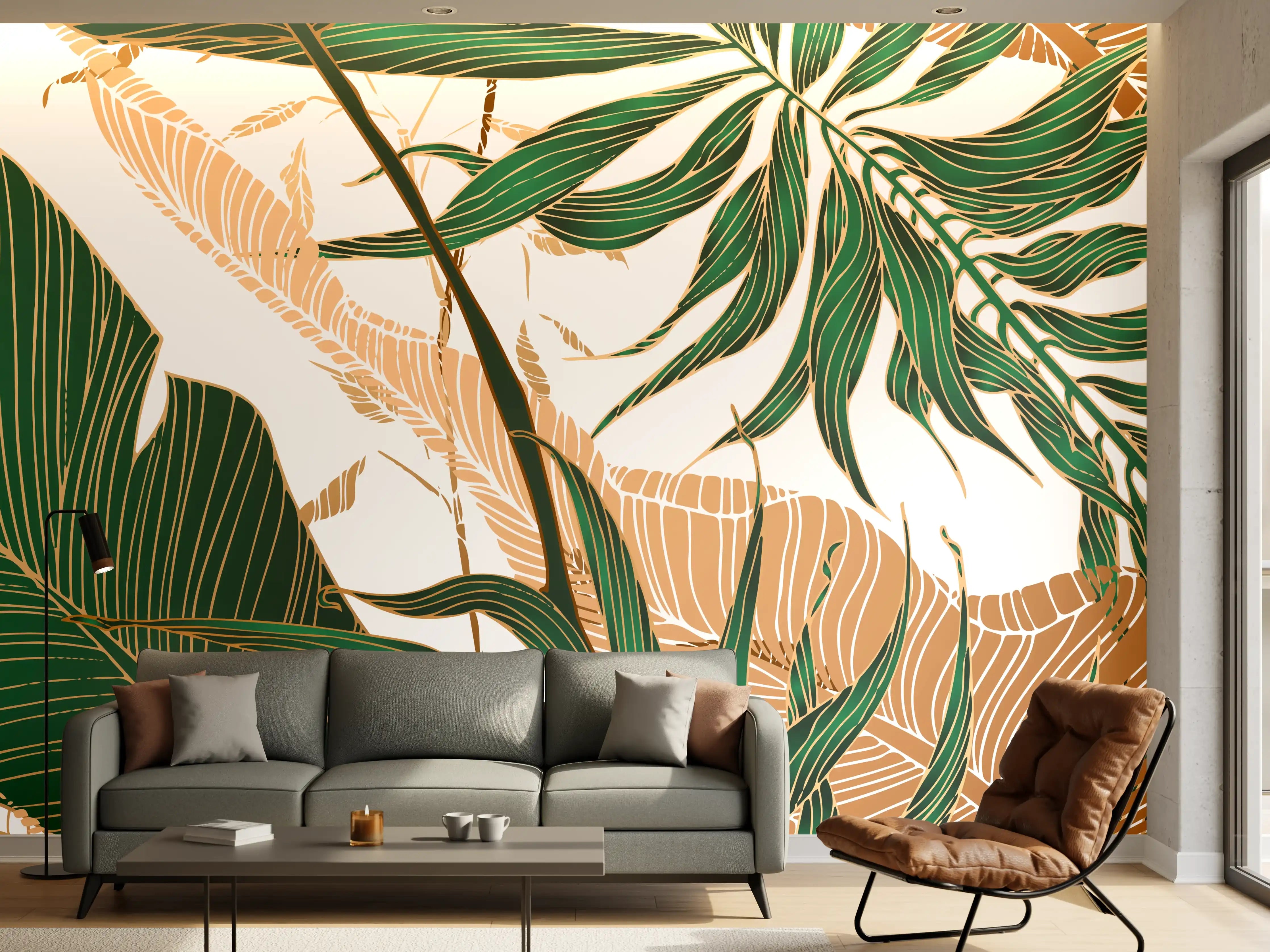 Wandverkleidung Wohnzimmer - Tropisches Blattmuster Design