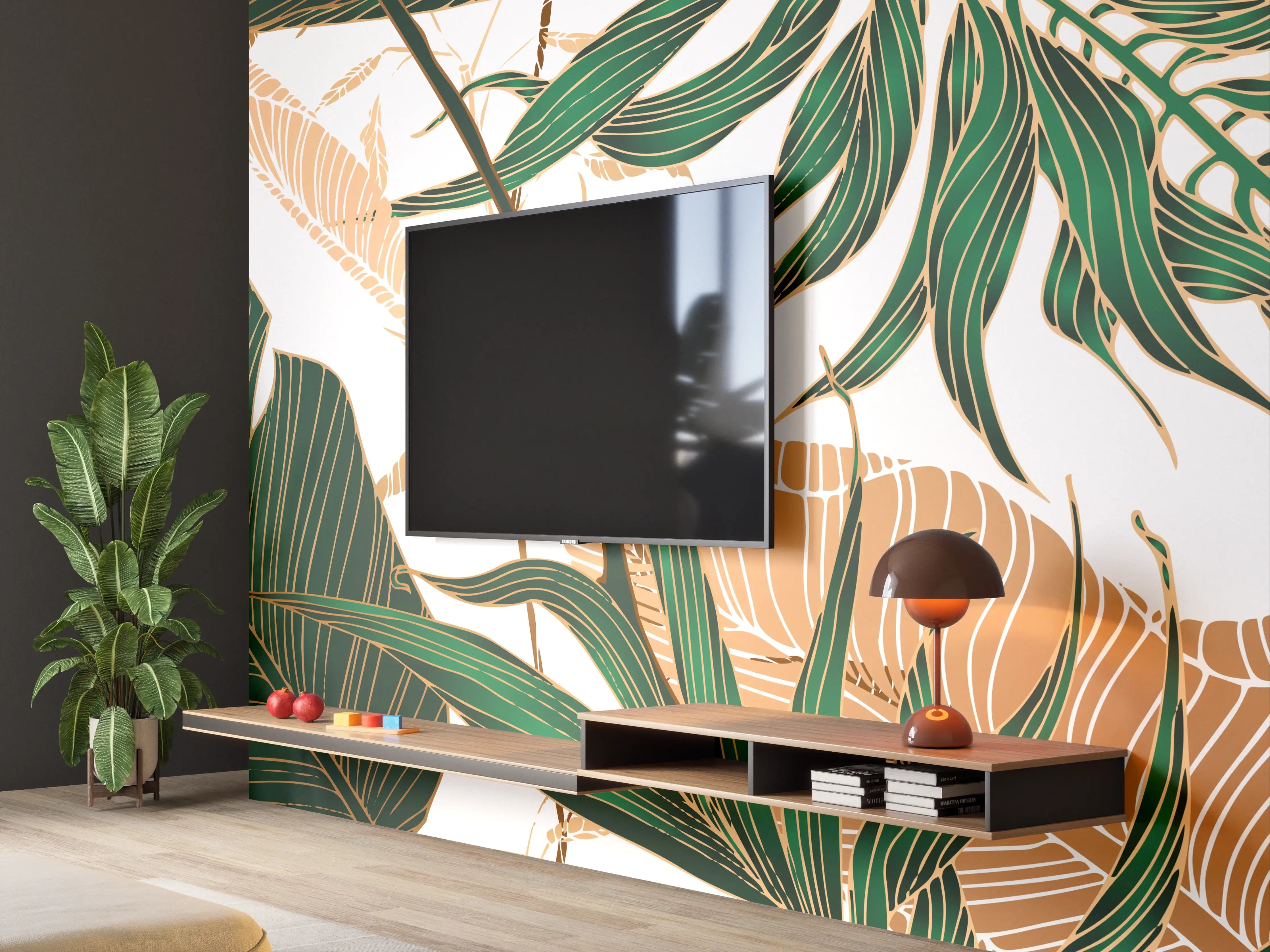 Wandverkleidung Wohnzimmer - Tropisches Blattmuster Design