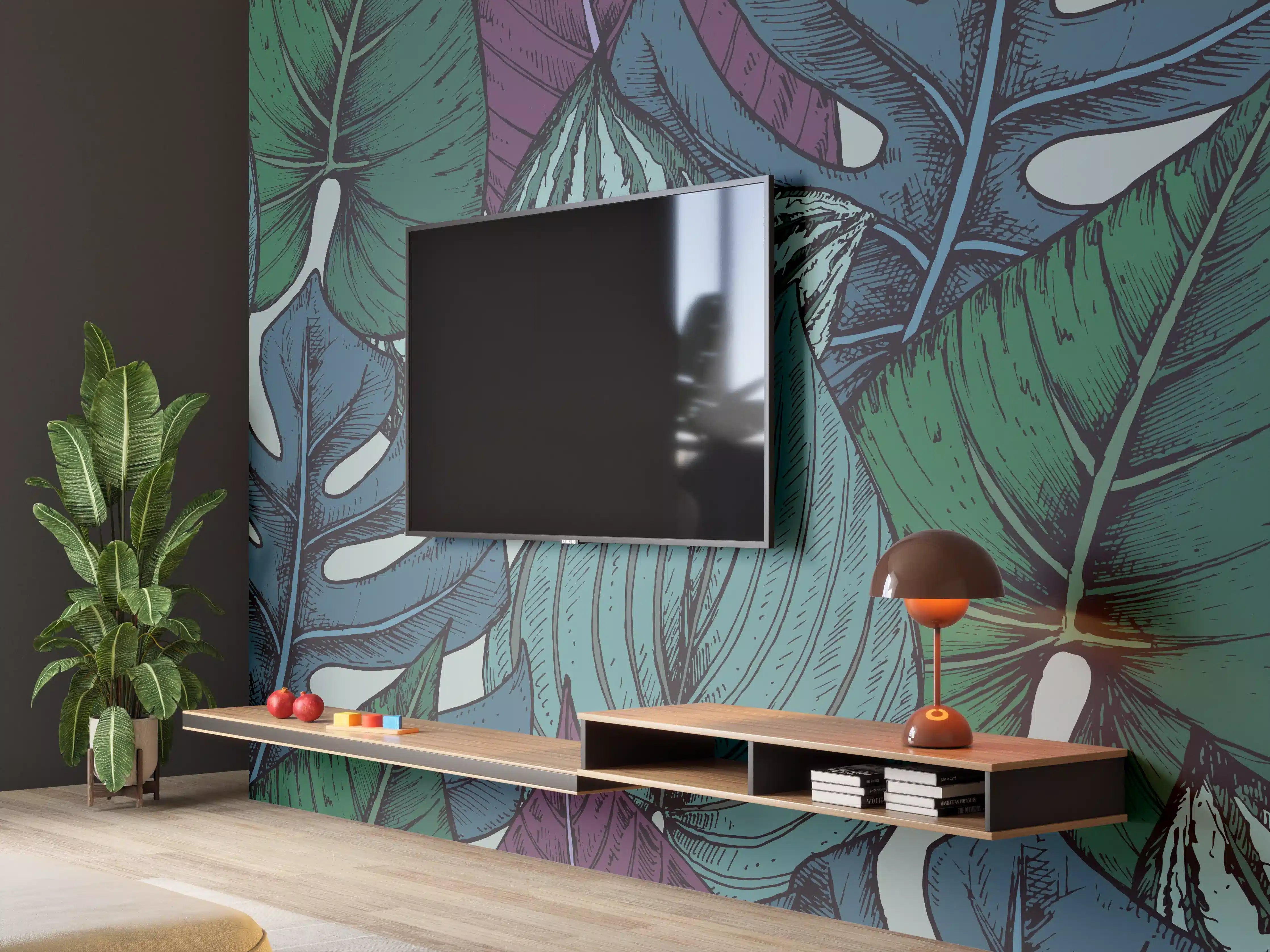 Wandverkleidung Wohnzimmer - Tropisches Blattmuster Türkis-Lila