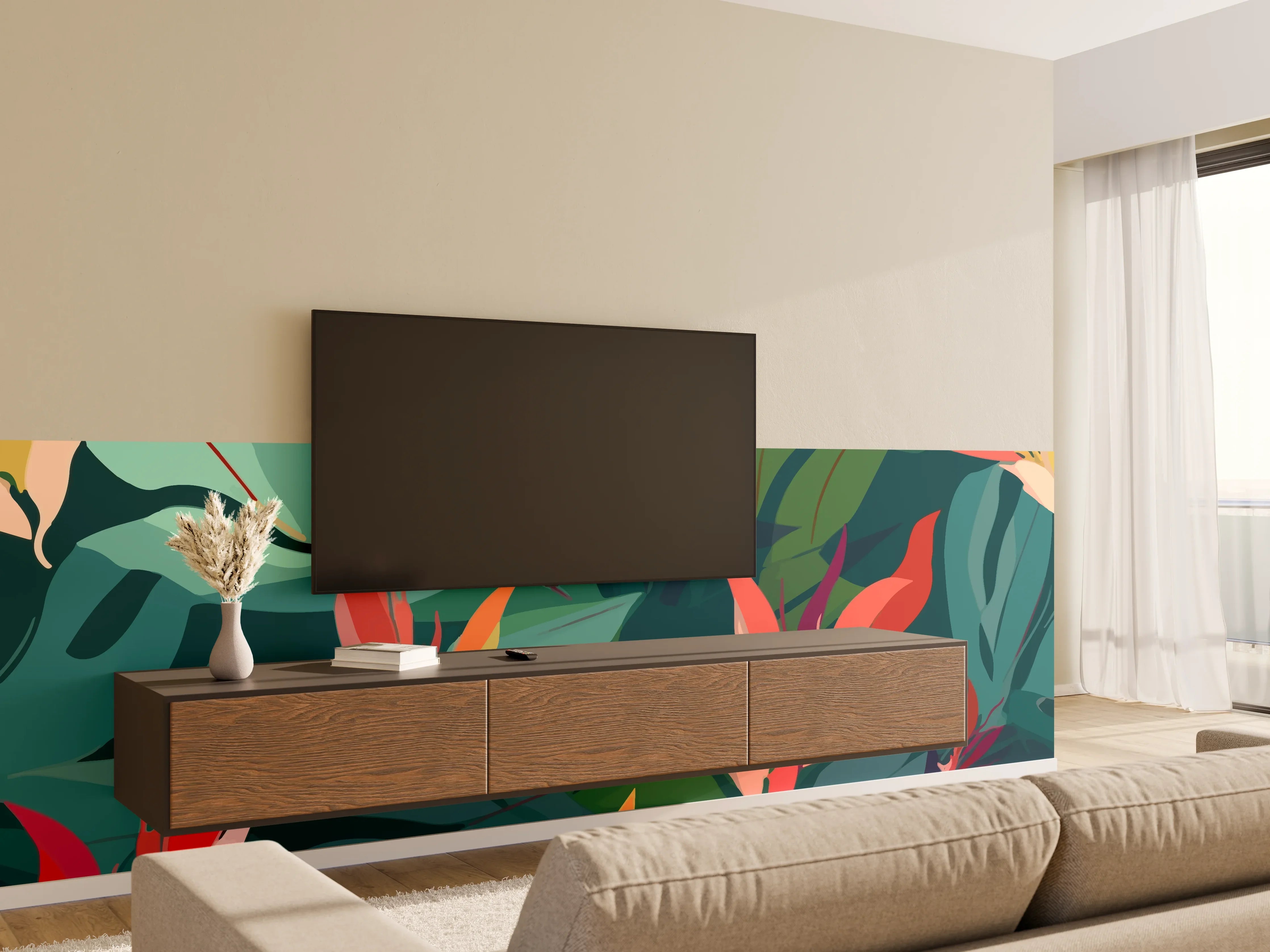 Wandverkleidung Wohnzimmer - Tropisches Blütenblattmuster Grün-Türkis