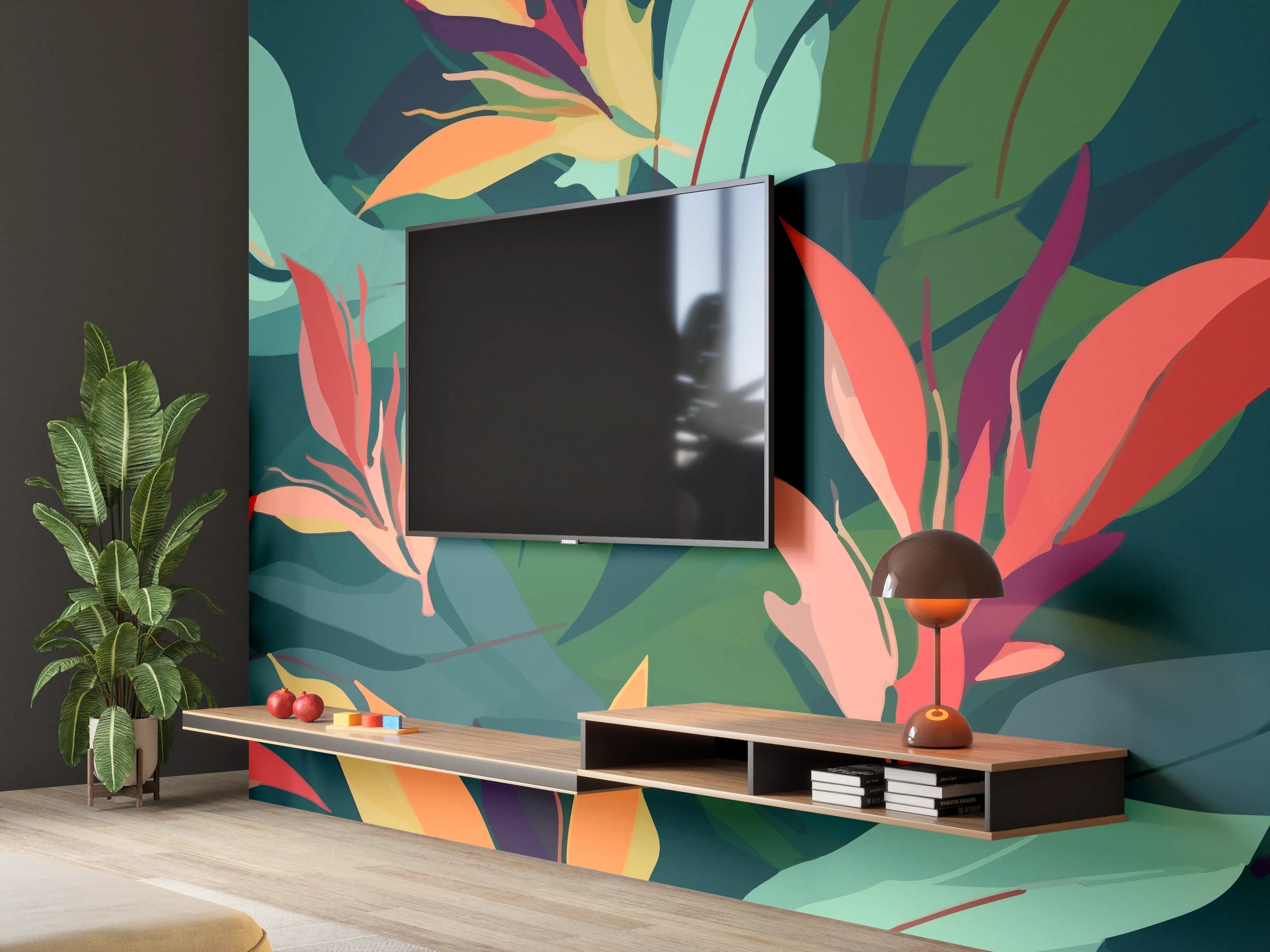 Wandverkleidung Wohnzimmer - Tropisches Blütenblattmuster Grün-Türkis