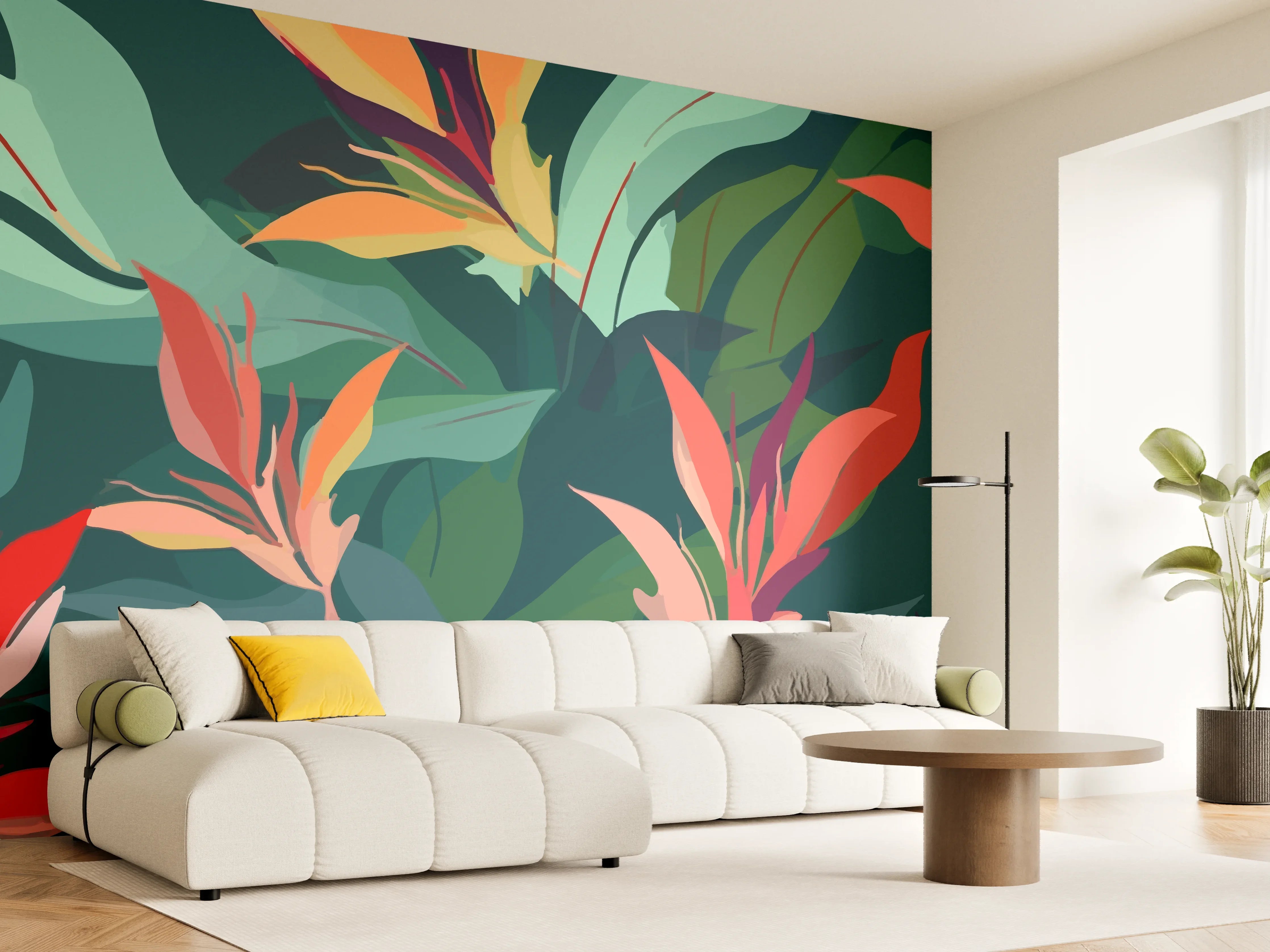 Wandverkleidung Wohnzimmer - Tropisches Blütenblattmuster Grün-Türkis