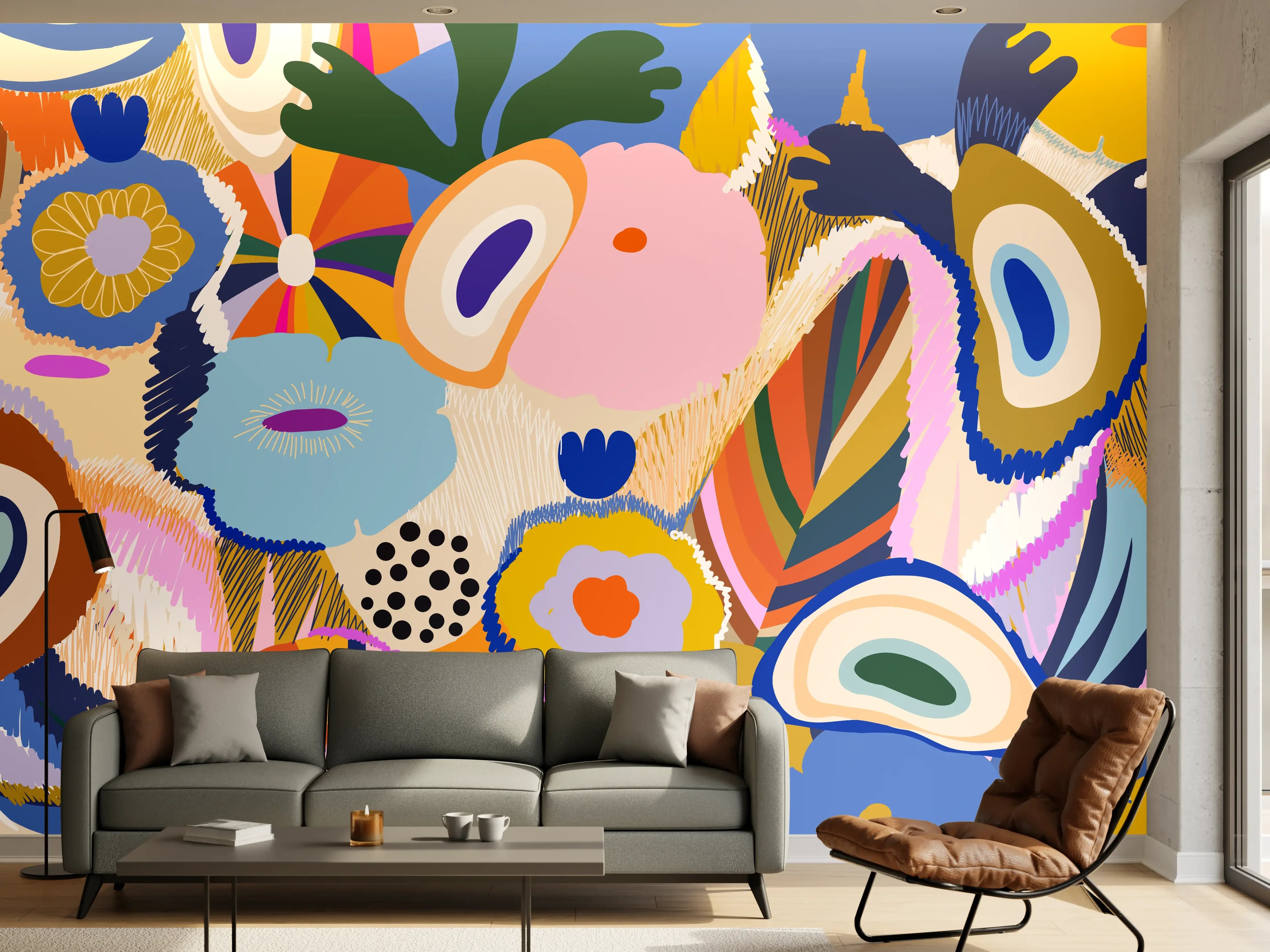 Wandverkleidung Wohnzimmer - Tropisches Blumen-Abstract Bunt
