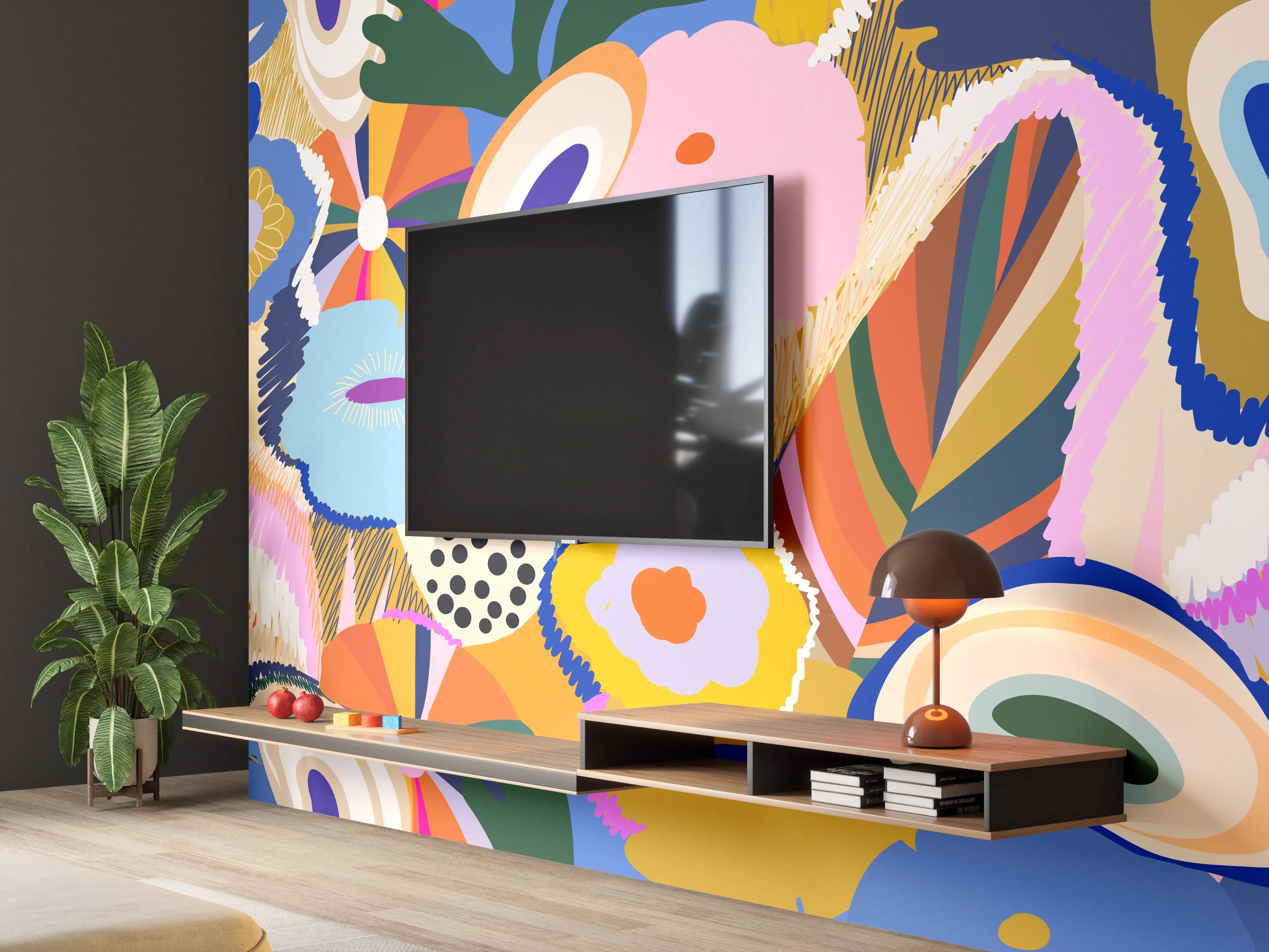 Wandverkleidung Wohnzimmer - Tropisches Blumen-Abstract Bunt