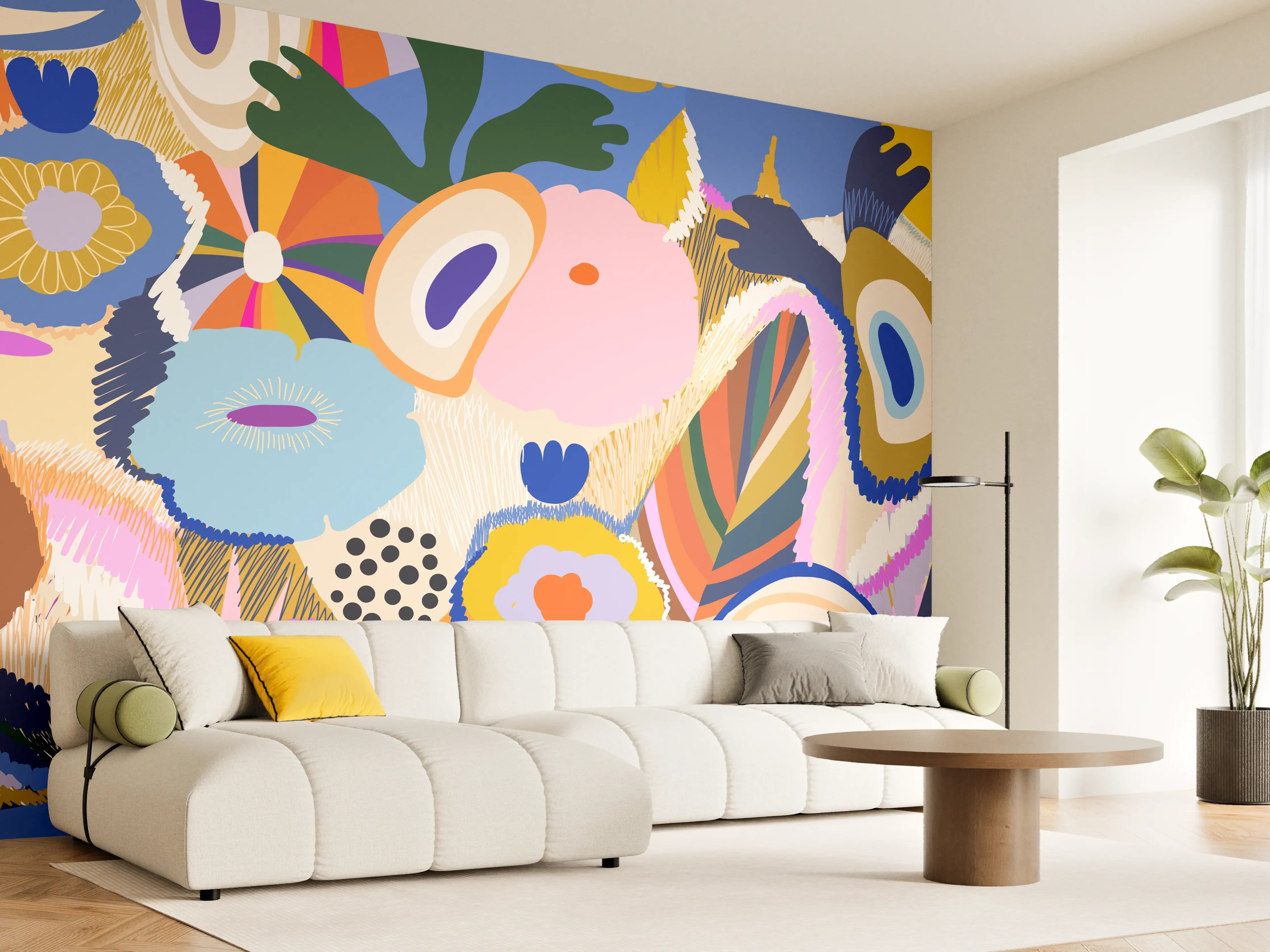 Wandverkleidung Wohnzimmer - Tropisches Blumen-Abstract Bunt