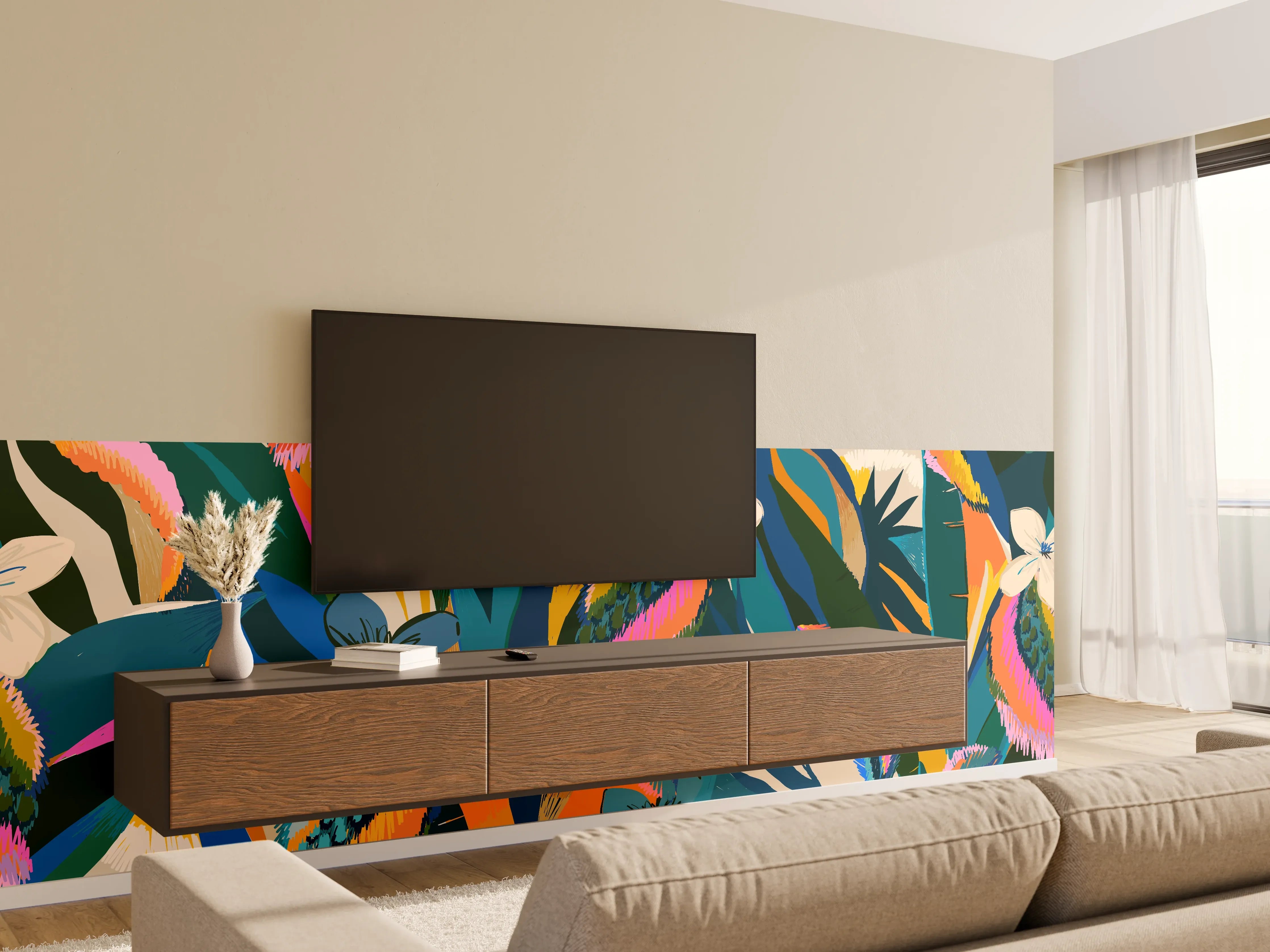 Wandverkleidung Wohnzimmer - Tropisches Blumenmuster Blau-Orange