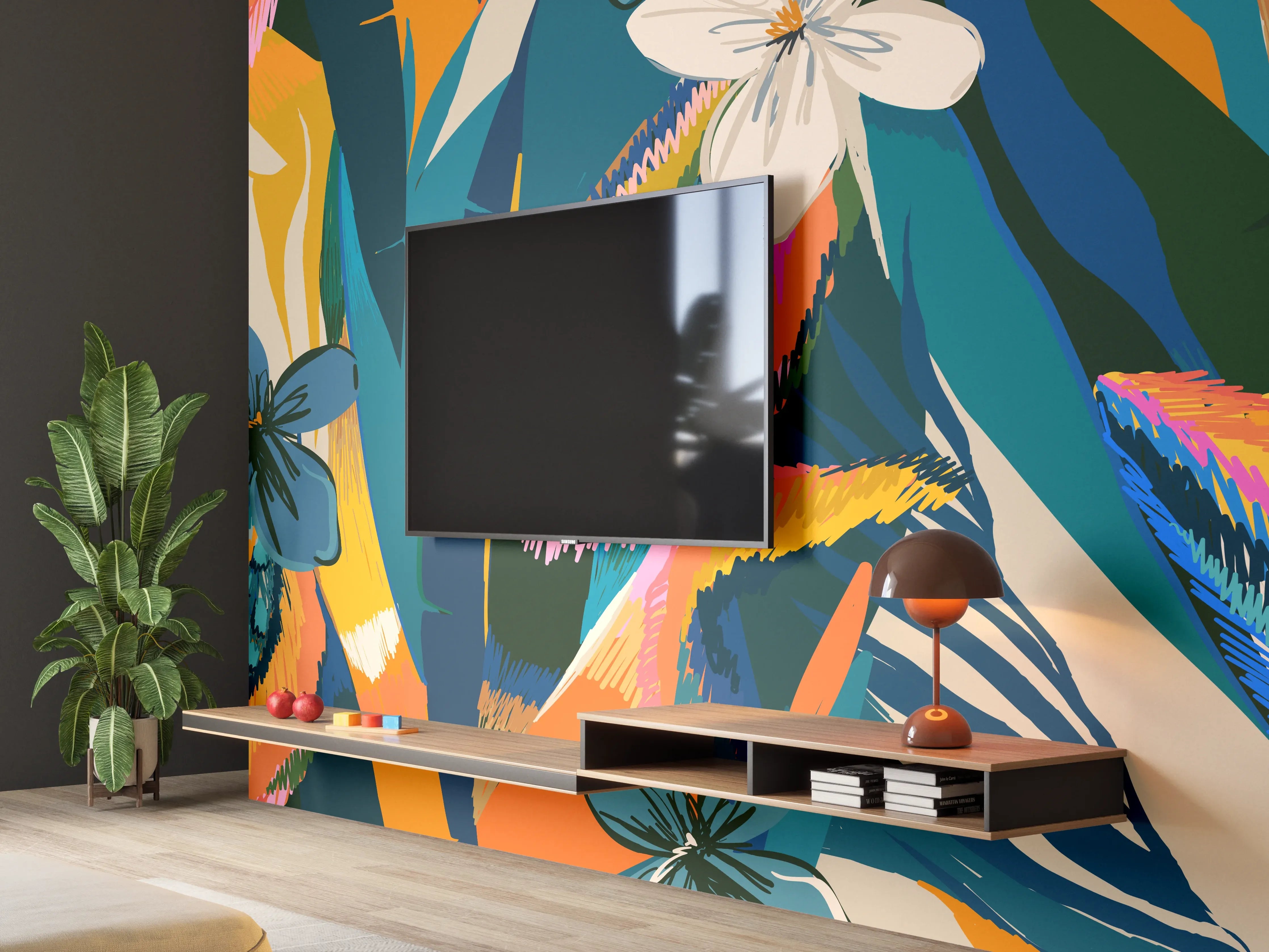 Wandverkleidung Wohnzimmer - Tropisches Blumenmuster Blau-Orange