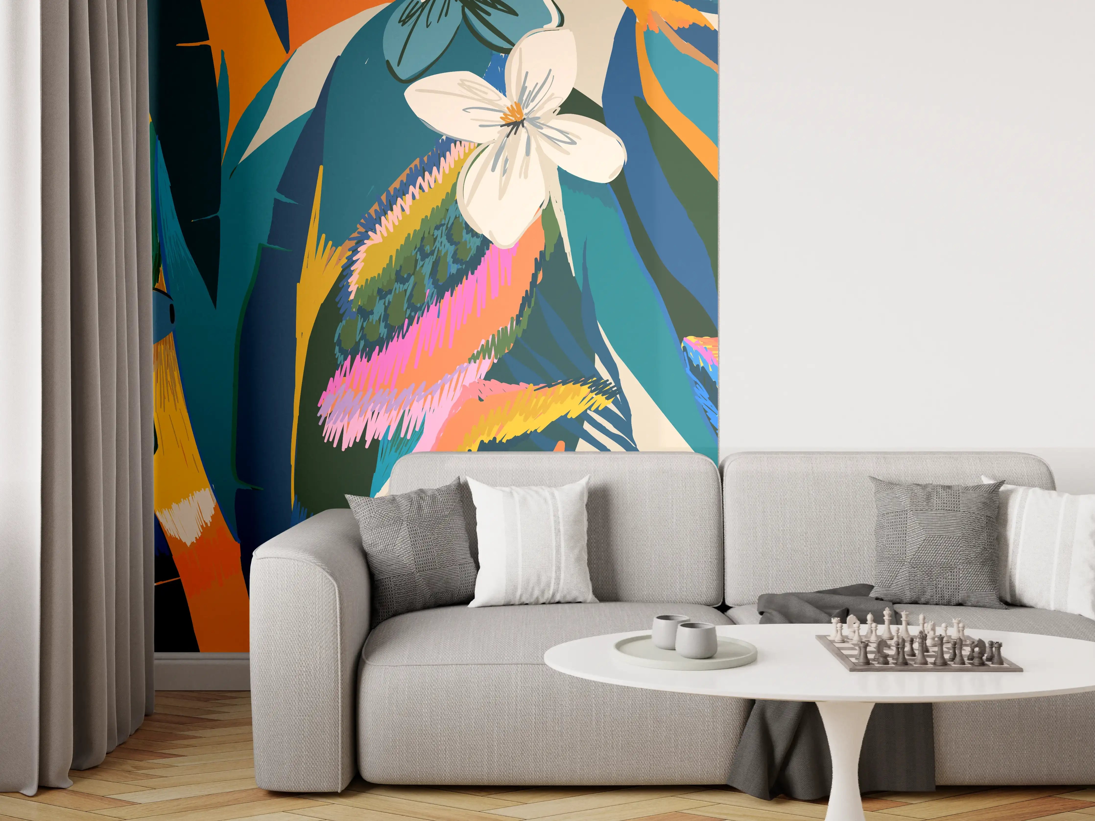 Wandverkleidung Wohnzimmer - Tropisches Blumenmuster Blau-Orange