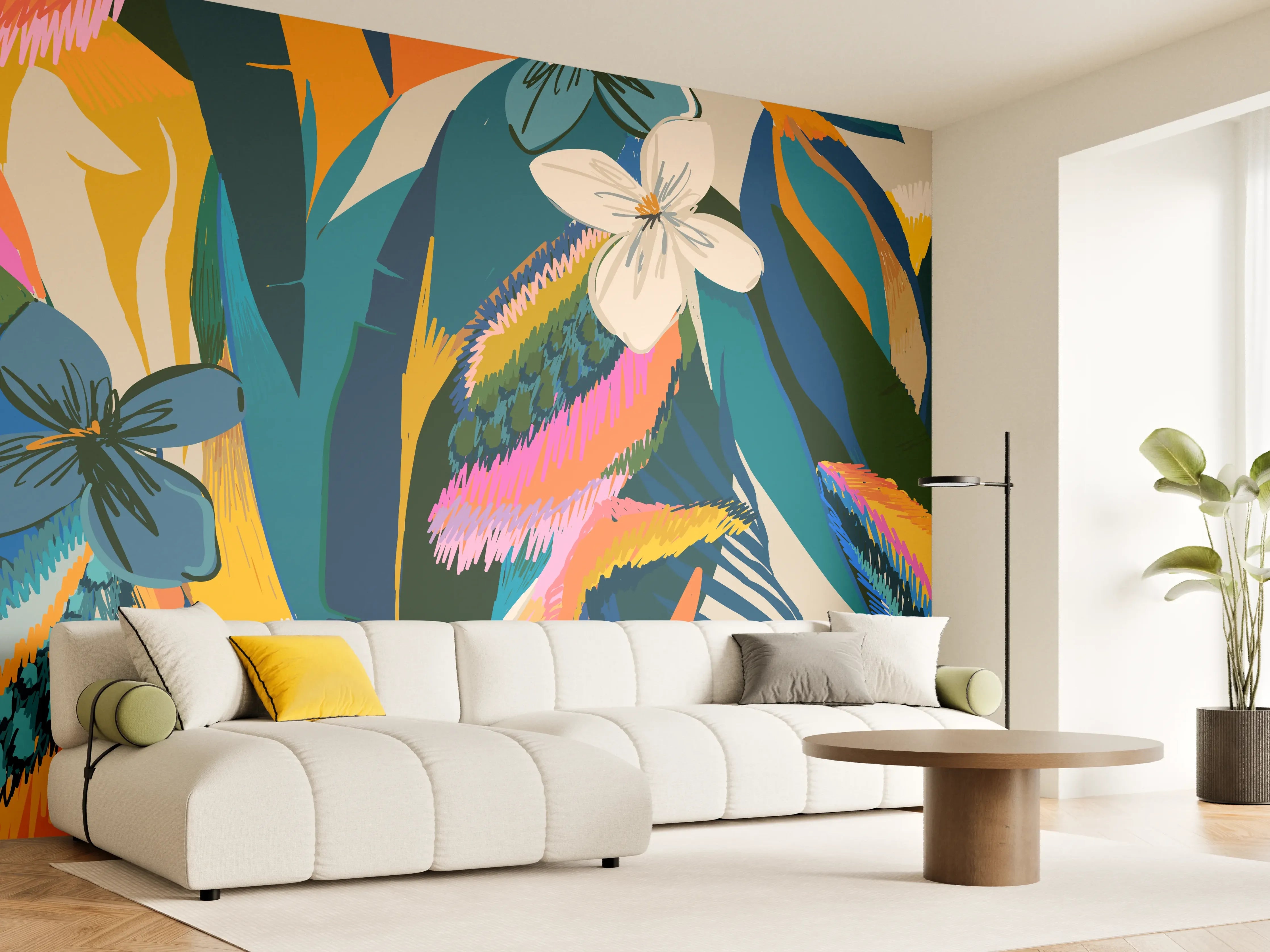 Wandverkleidung Wohnzimmer - Tropisches Blumenmuster Blau-Orange