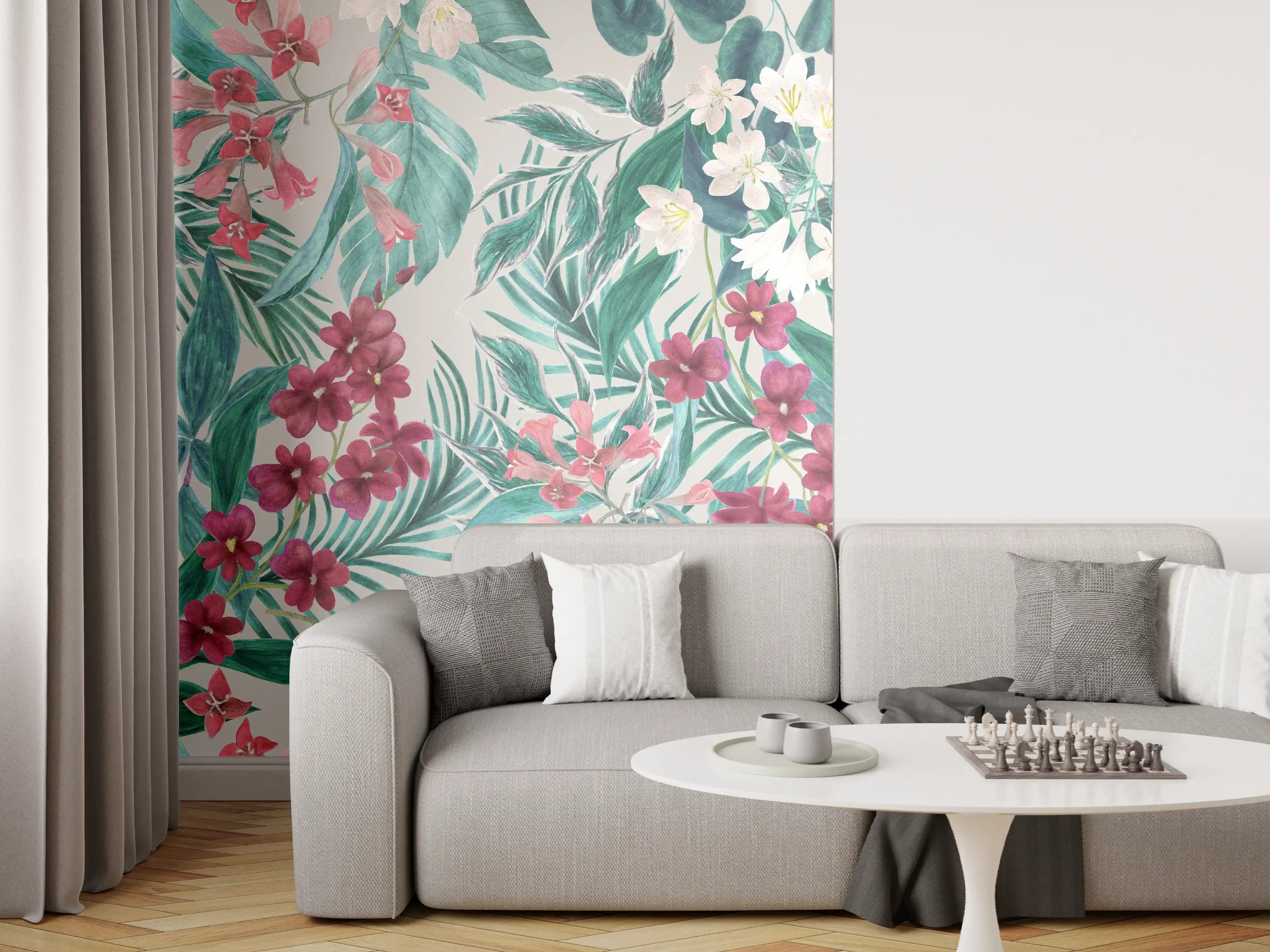 Wandverkleidung Wohnzimmer - Tropisches Blumenmuster Rosa-Grau