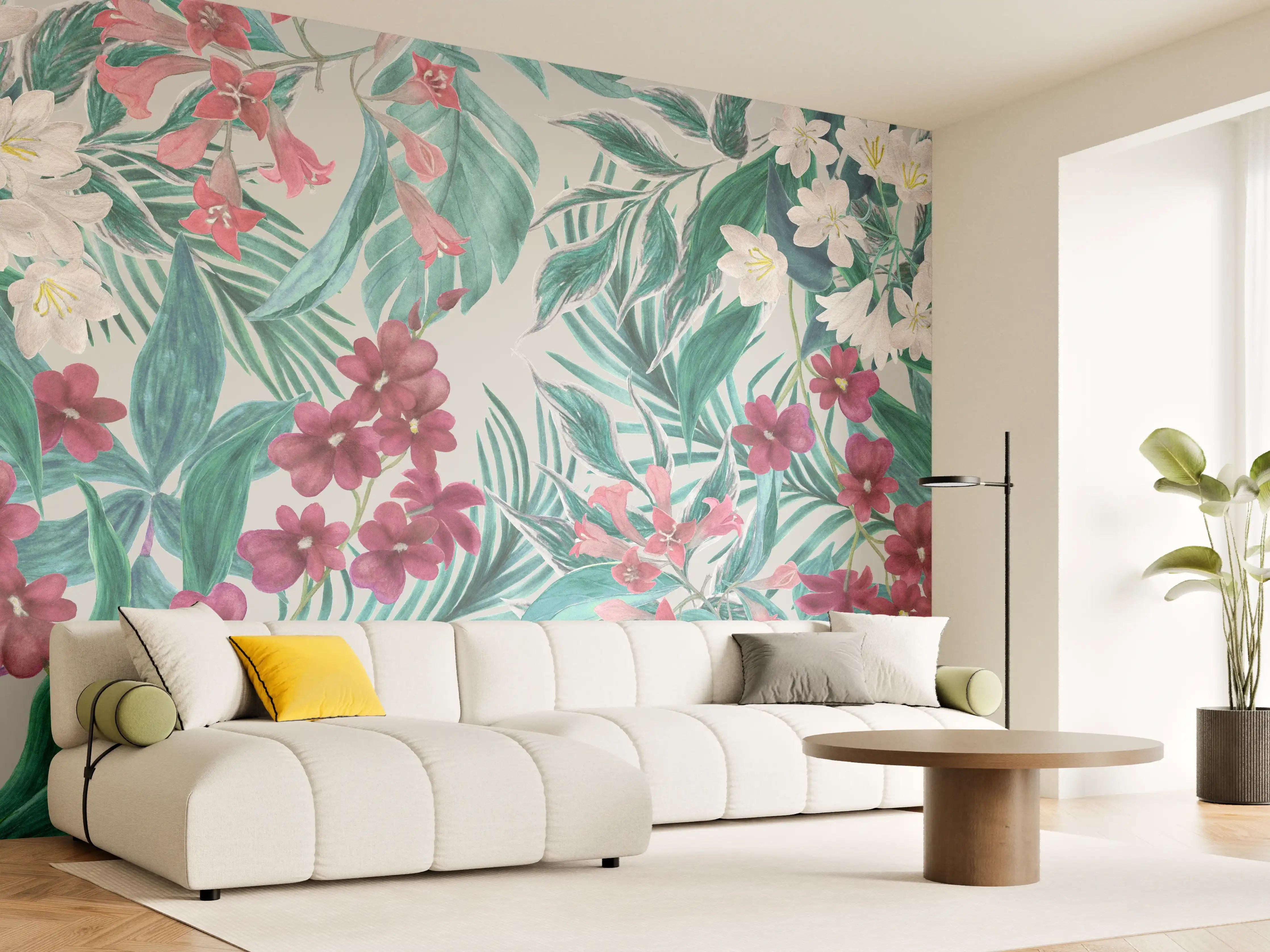 Wandverkleidung Wohnzimmer - Tropisches Blumenmuster Rosa-Grau