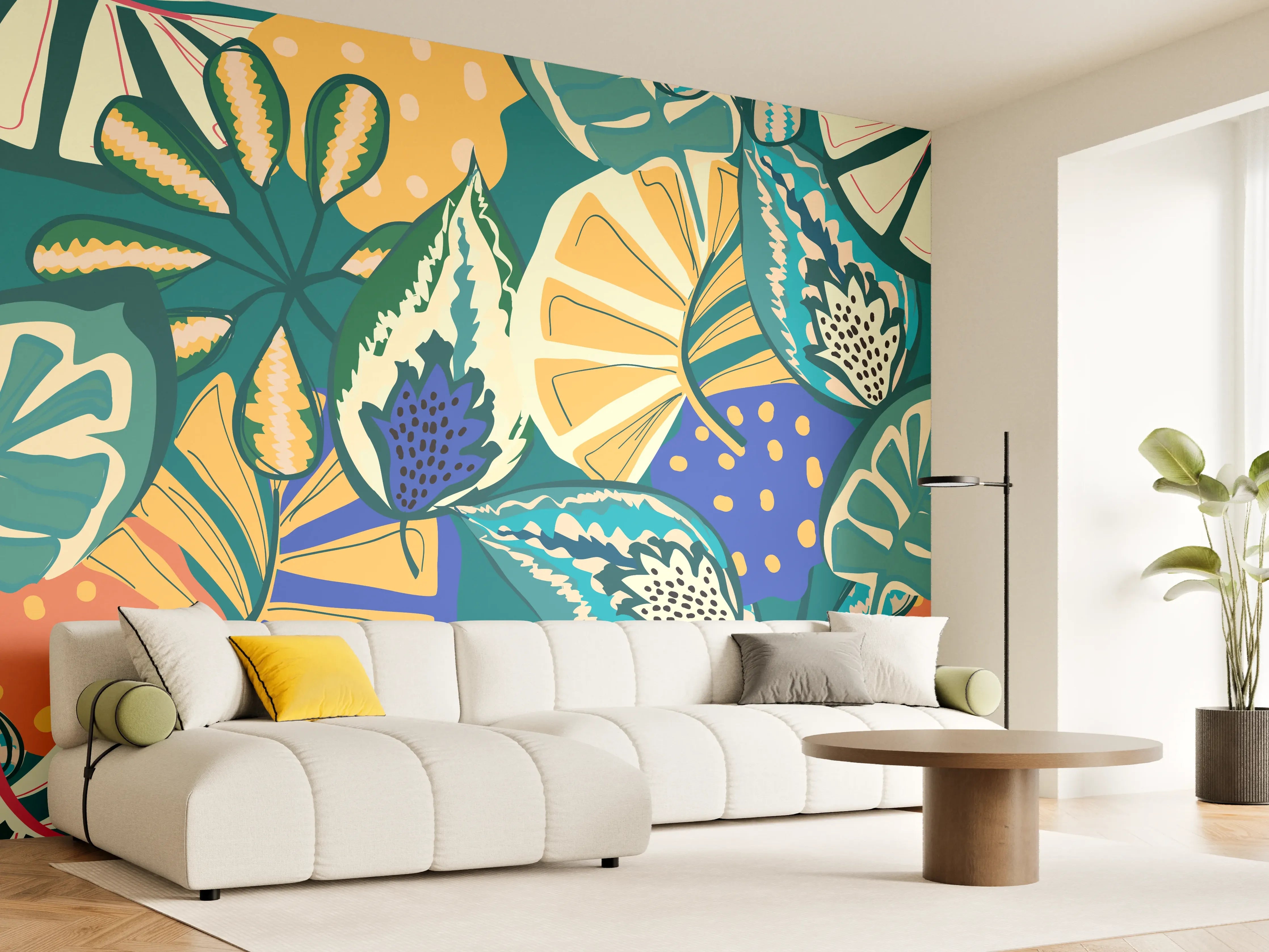 Wandverkleidung Wohnzimmer - Tropisches Blumenmuster Türkis
