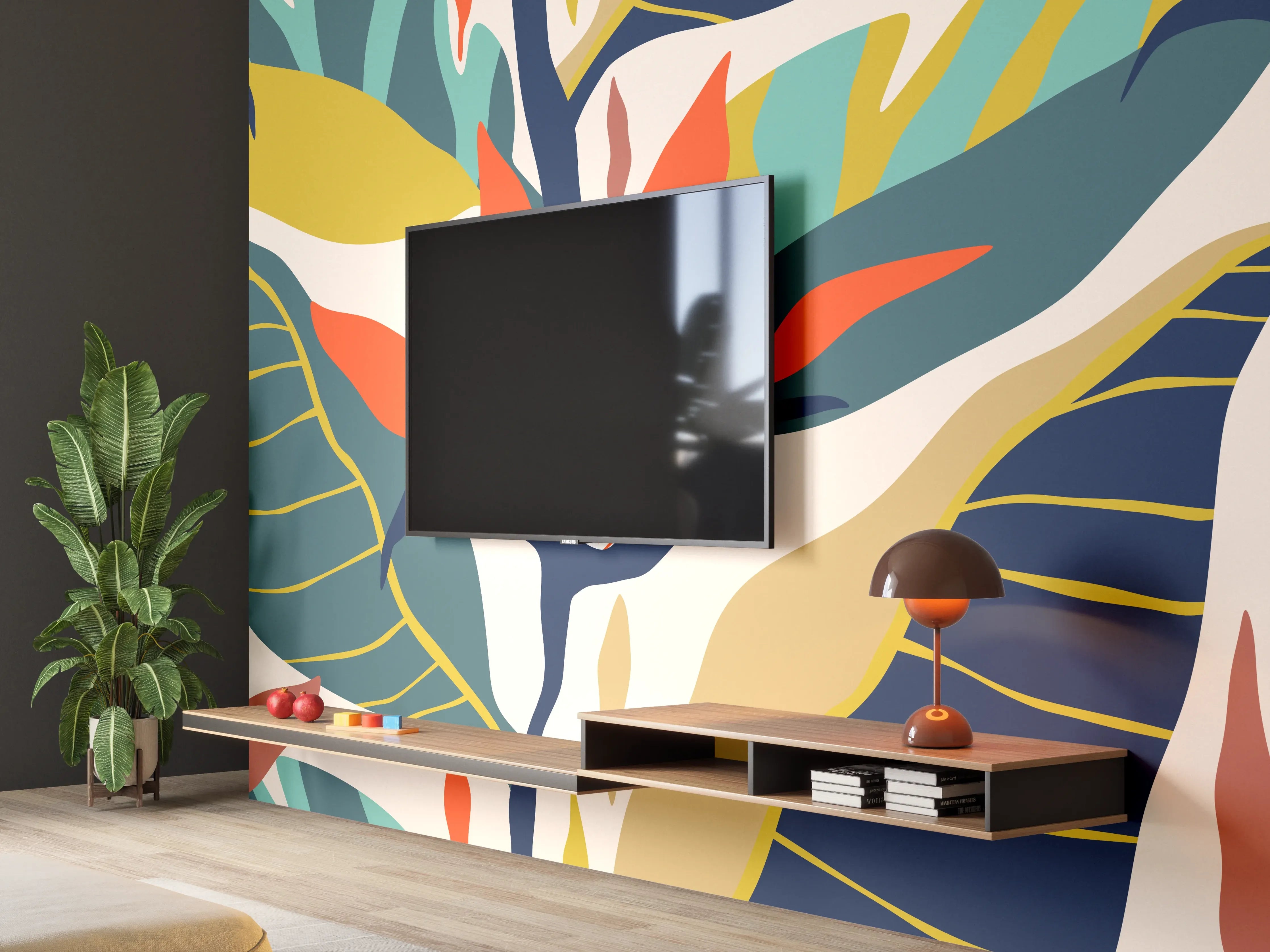 Wandverkleidung Wohnzimmer - Tropisches Botanik-Muster Blau-Gelb