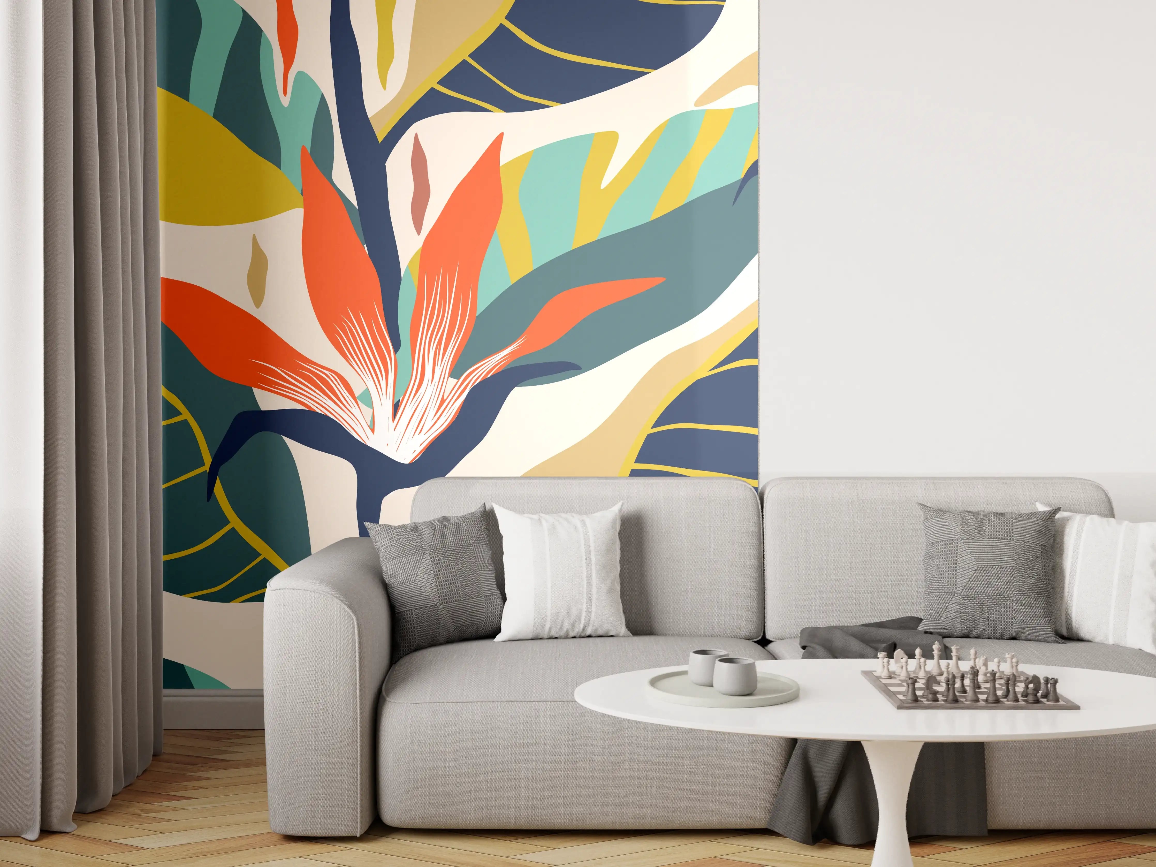 Wandverkleidung Wohnzimmer - Tropisches Botanik-Muster Blau-Gelb