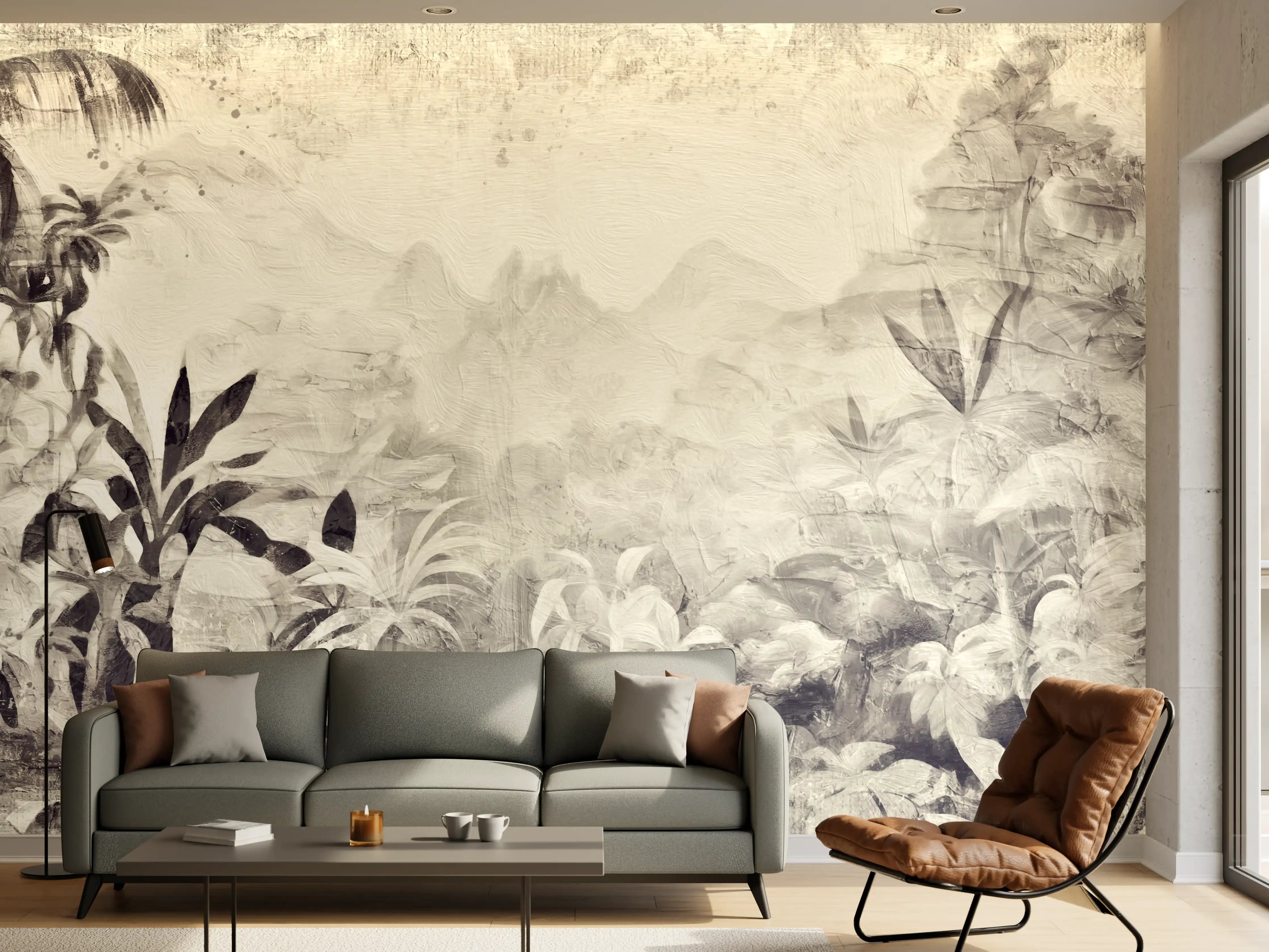 Wandverkleidung Wohnzimmer - Tropisches Dschungelpanorama in Grauweiß