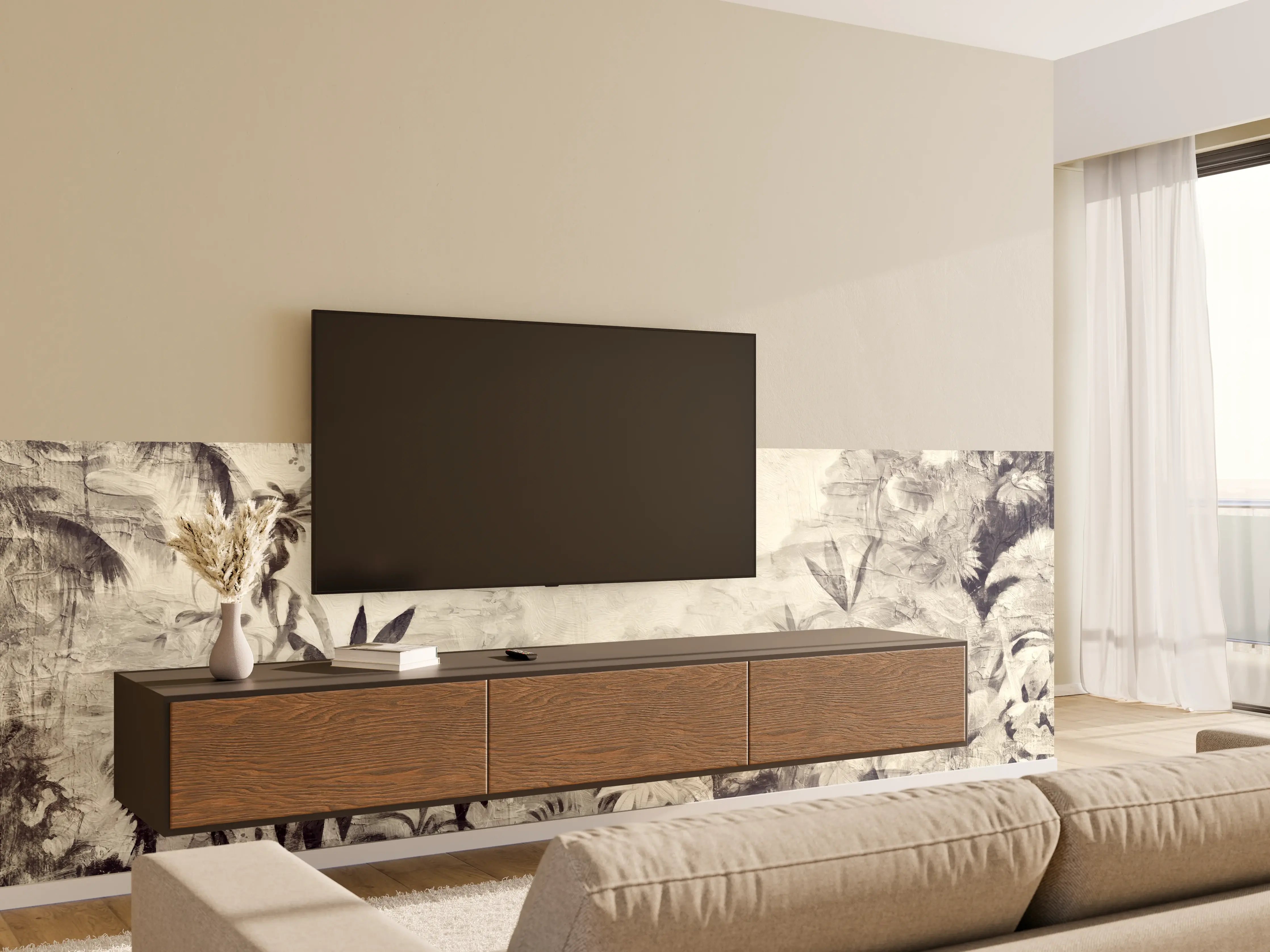 Wandverkleidung Wohnzimmer - Tropisches Dschungelpanorama in Grauweiß