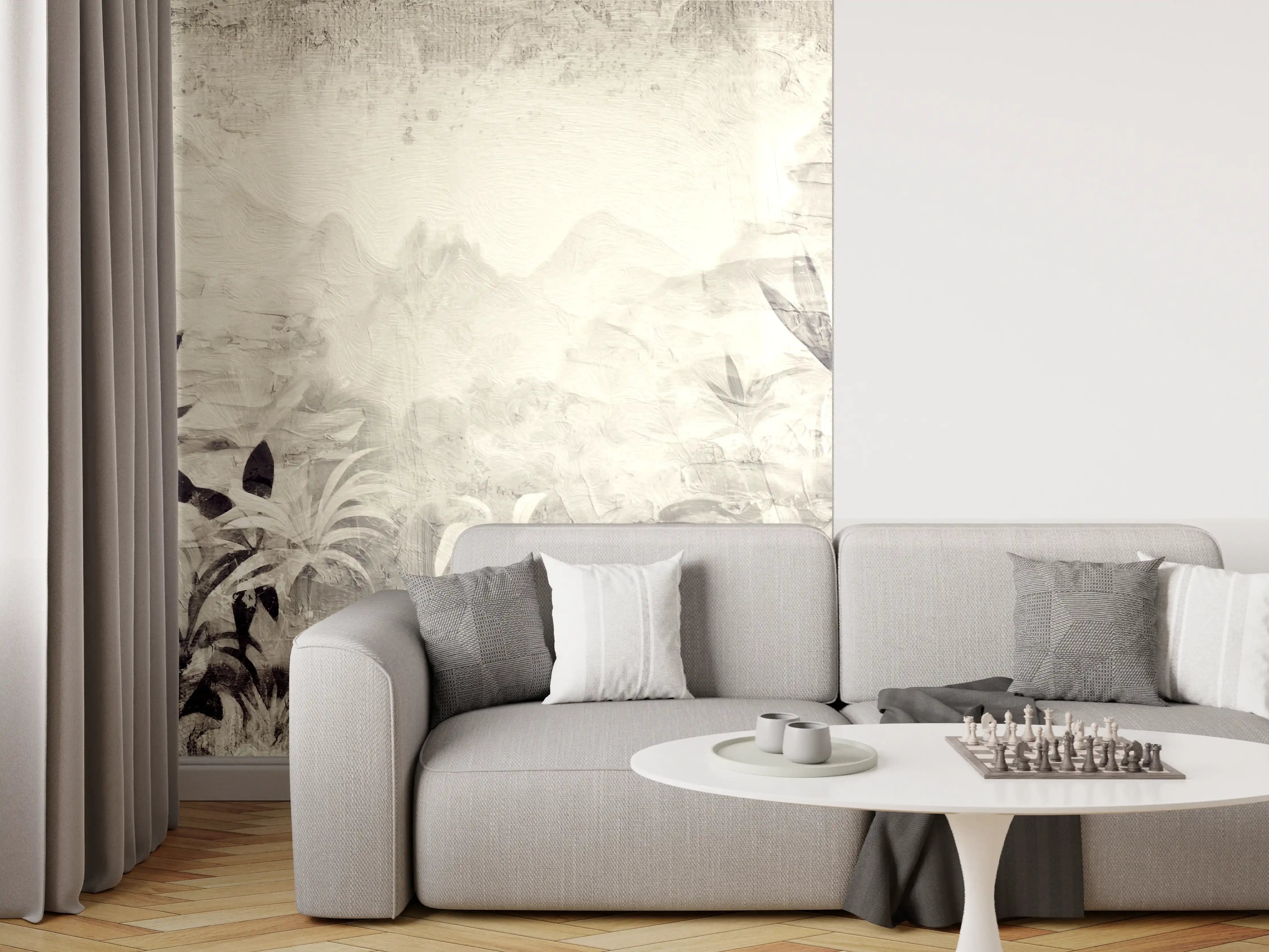 Wandverkleidung Wohnzimmer - Tropisches Dschungelpanorama in Grauweiß