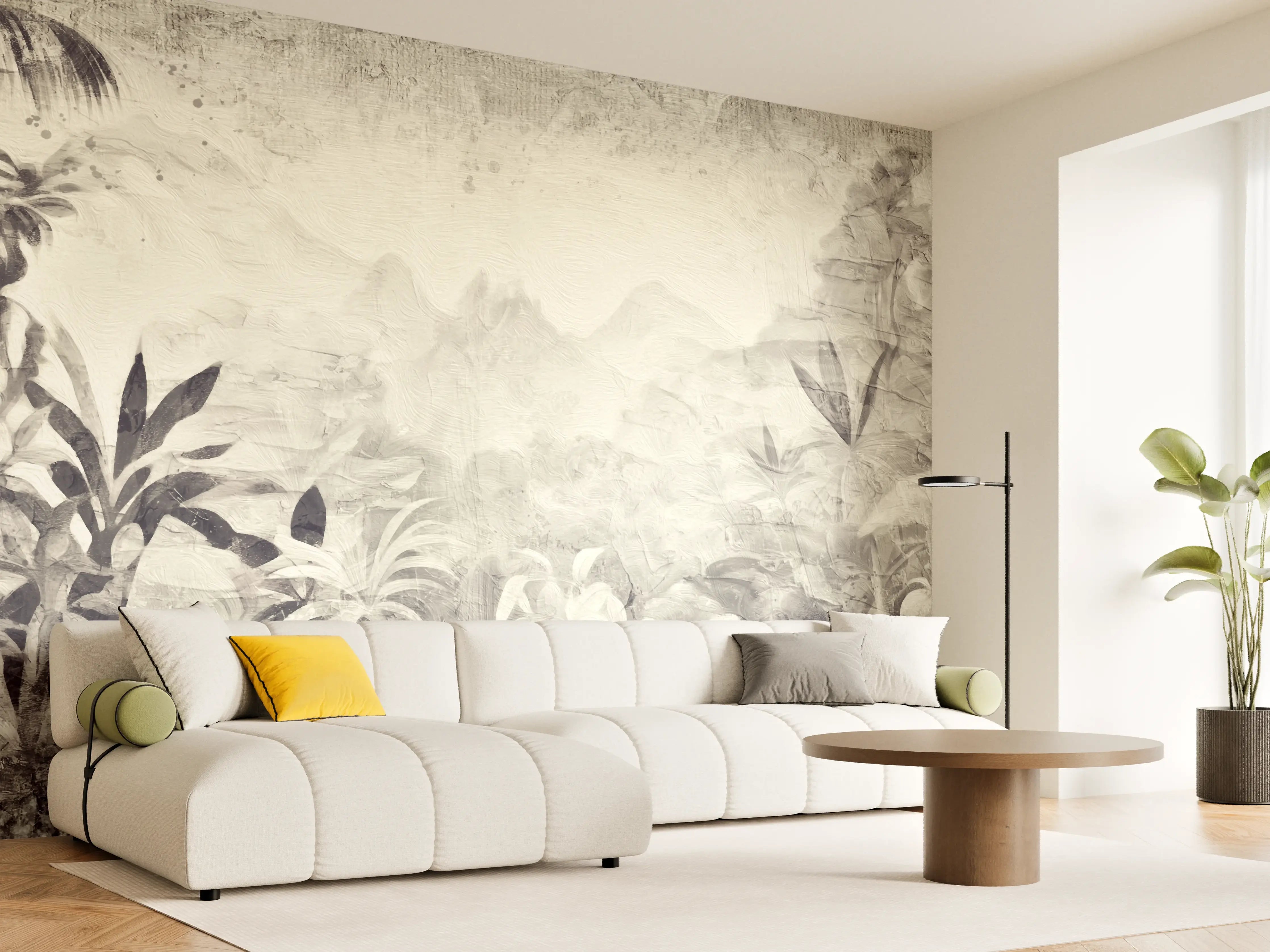 Wandverkleidung Wohnzimmer - Tropisches Dschungelpanorama in Grauweiß