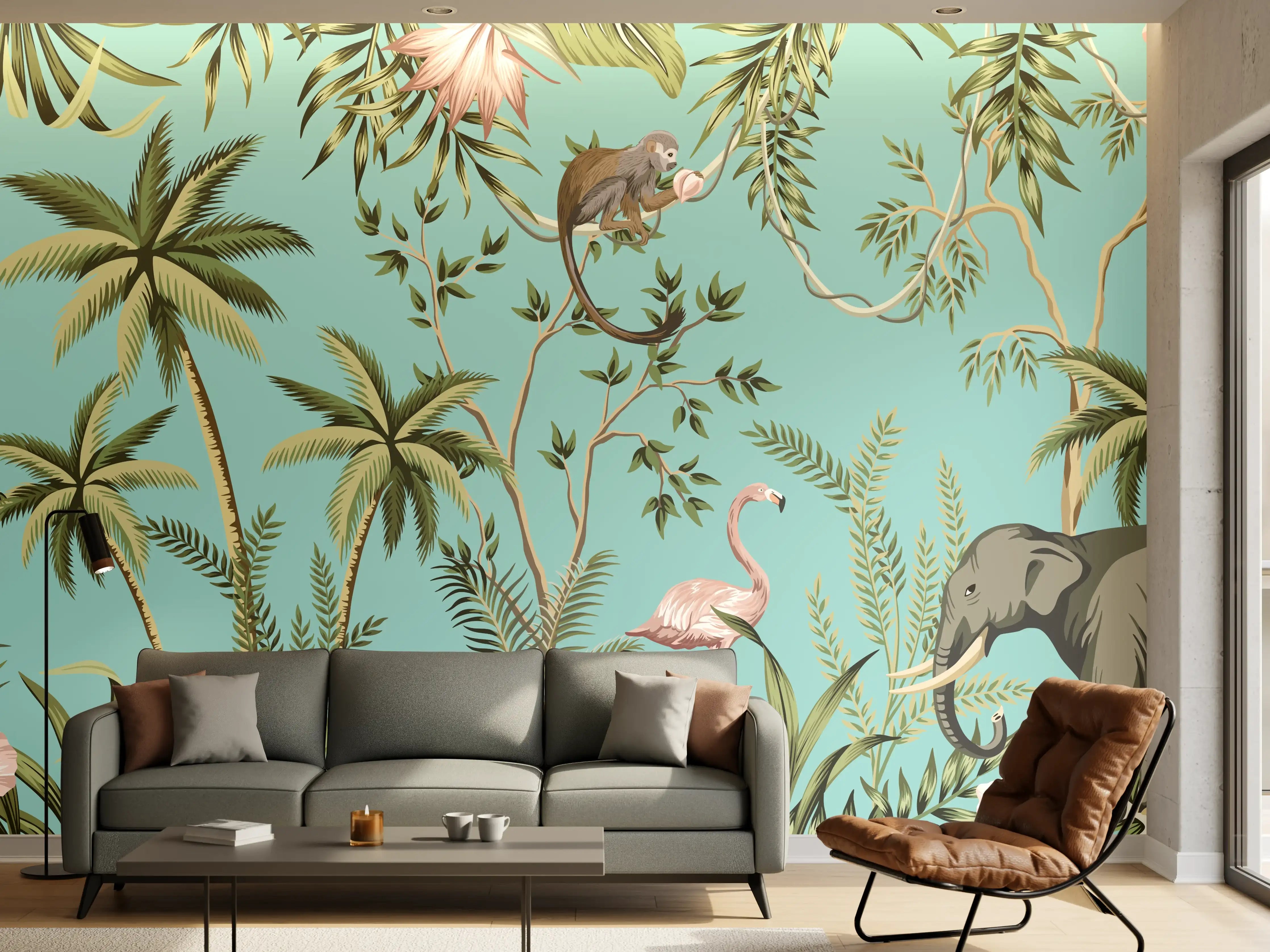 Wandverkleidung Wohnzimmer - Tropisches Flair Stoffdesign