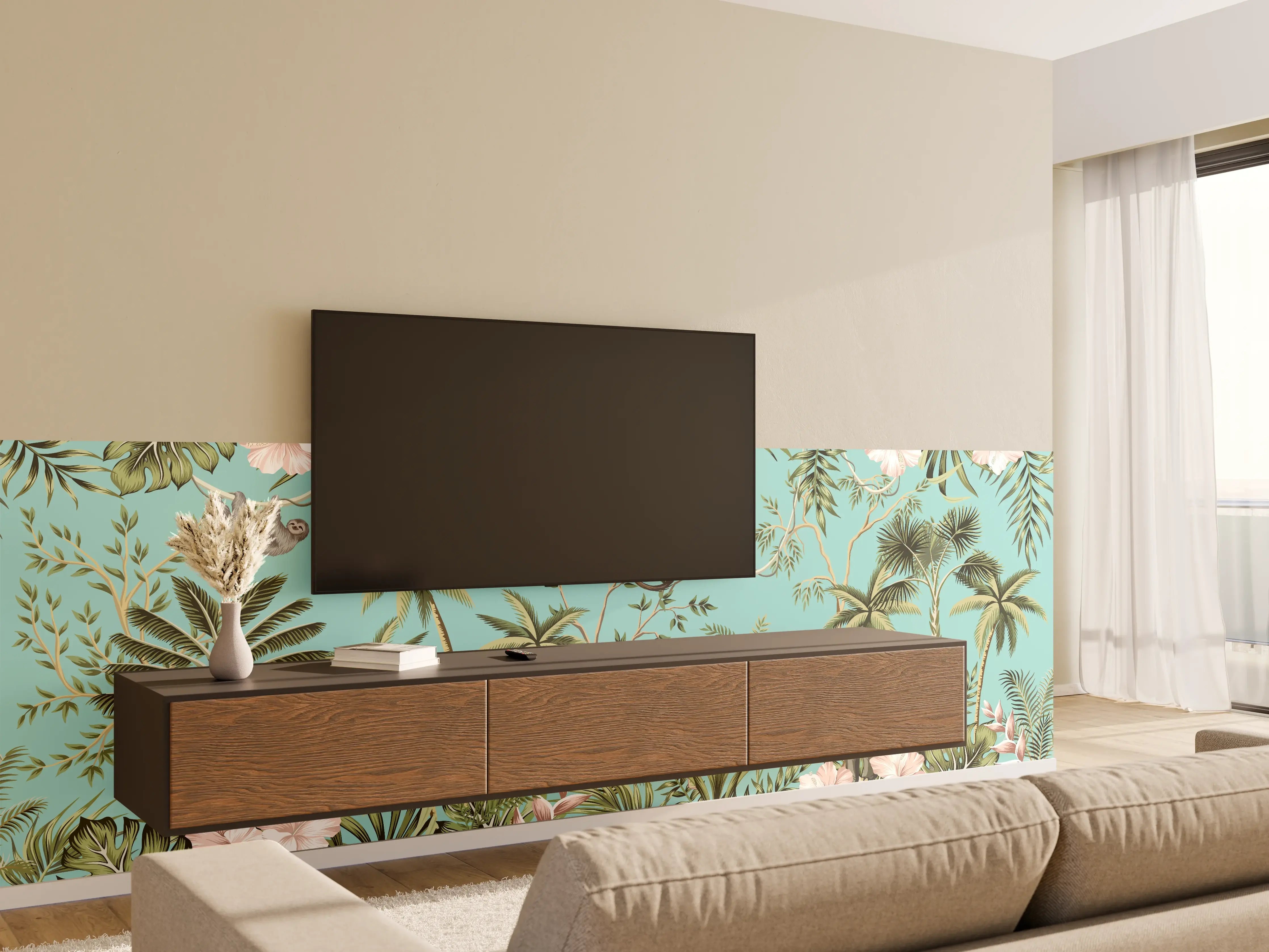 Wandverkleidung Wohnzimmer - Tropisches Flair Stoffdesign