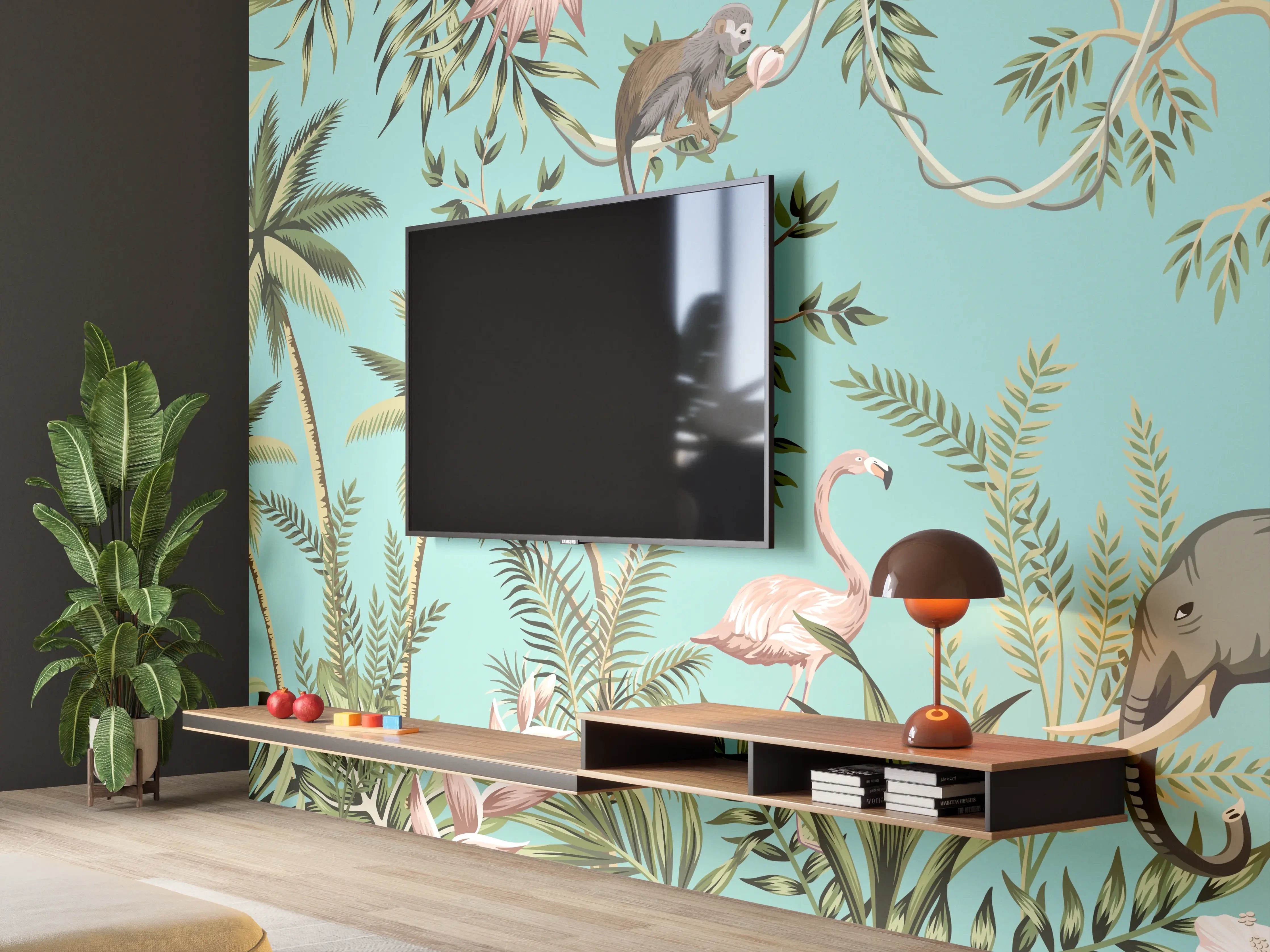 Wandverkleidung Wohnzimmer - Tropisches Flair Stoffdesign