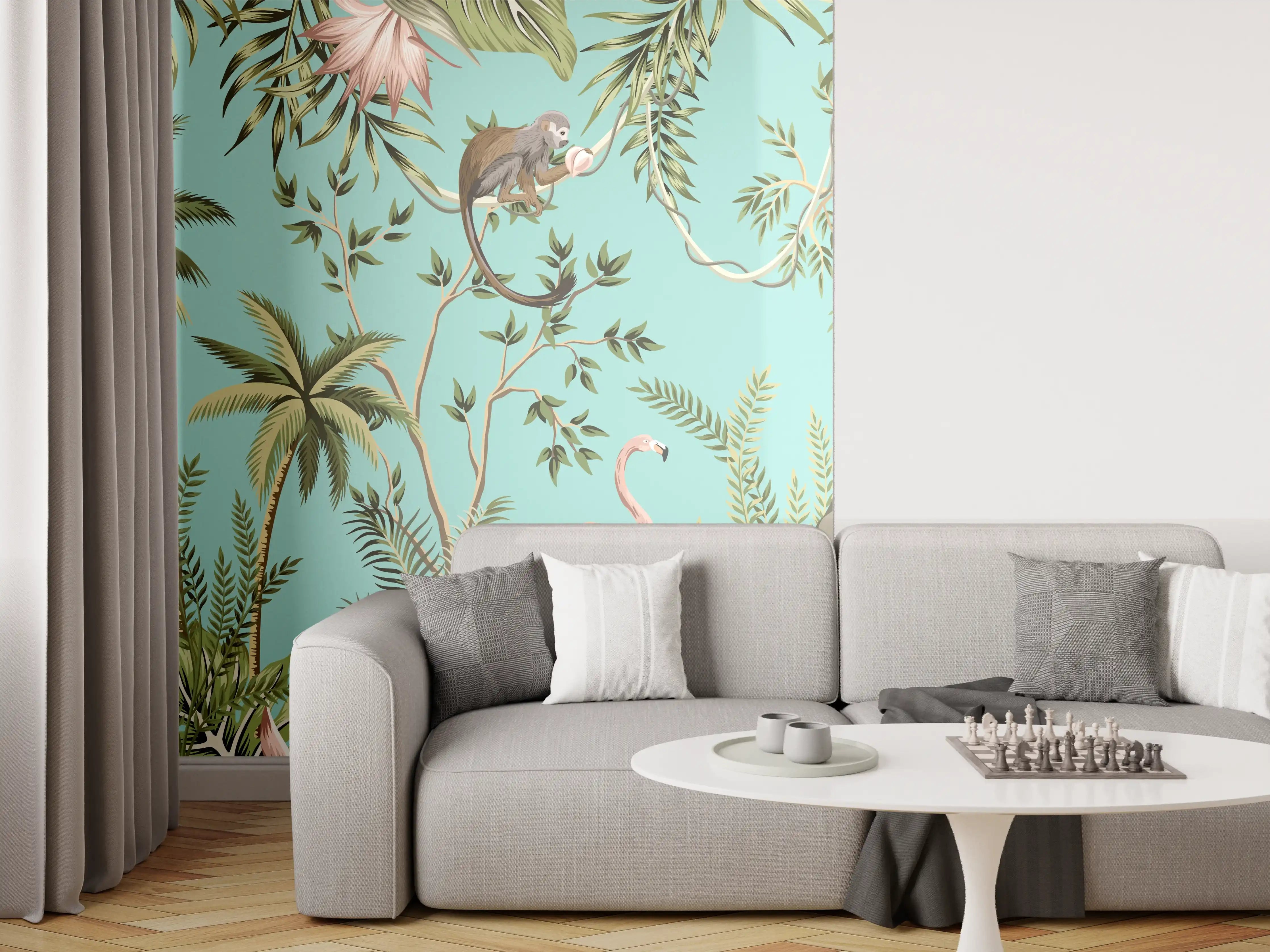Wandverkleidung Wohnzimmer - Tropisches Flair Stoffdesign