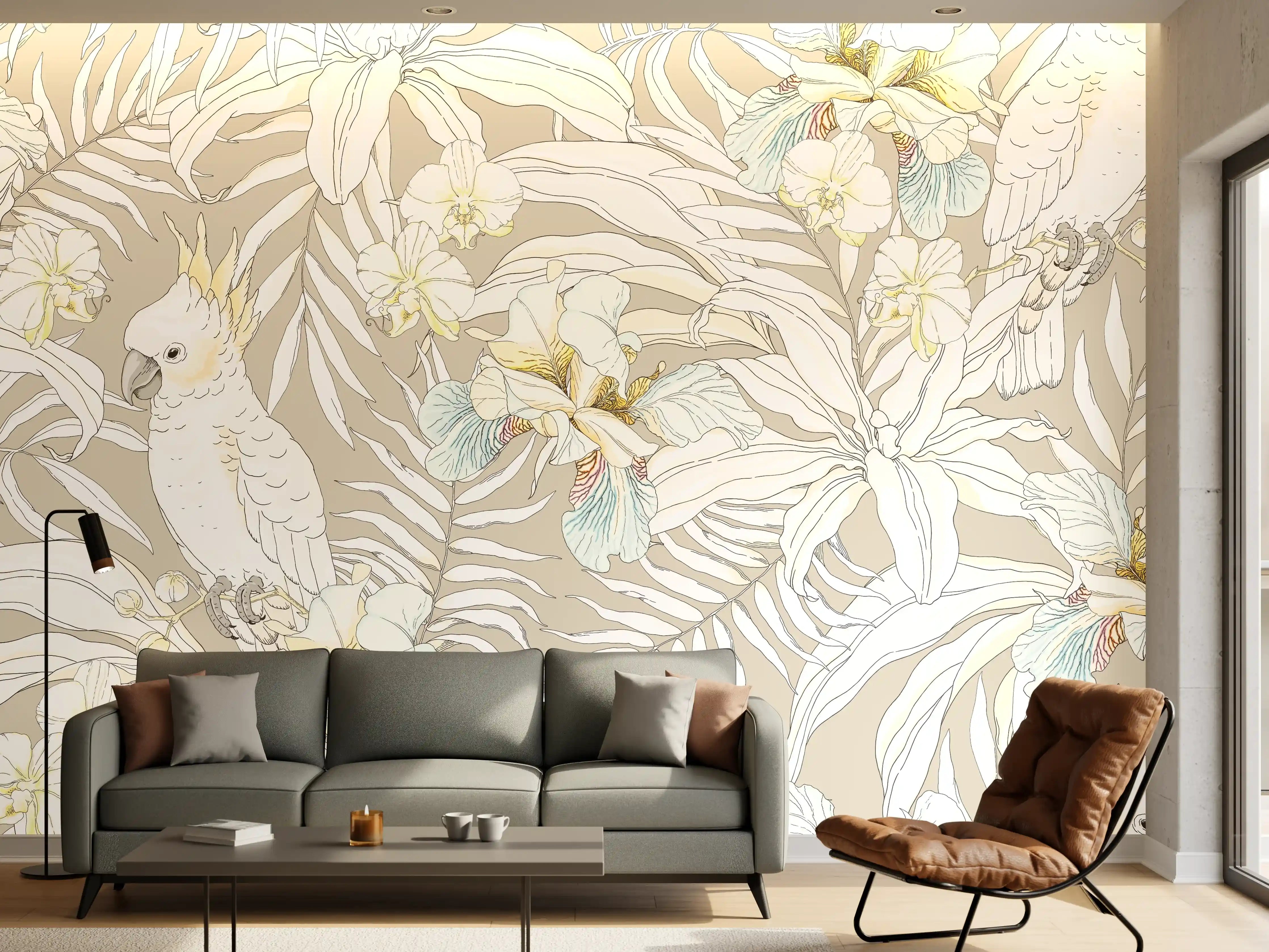 Wandverkleidung Wohnzimmer - Tropisches Kakadu-Floral Muster