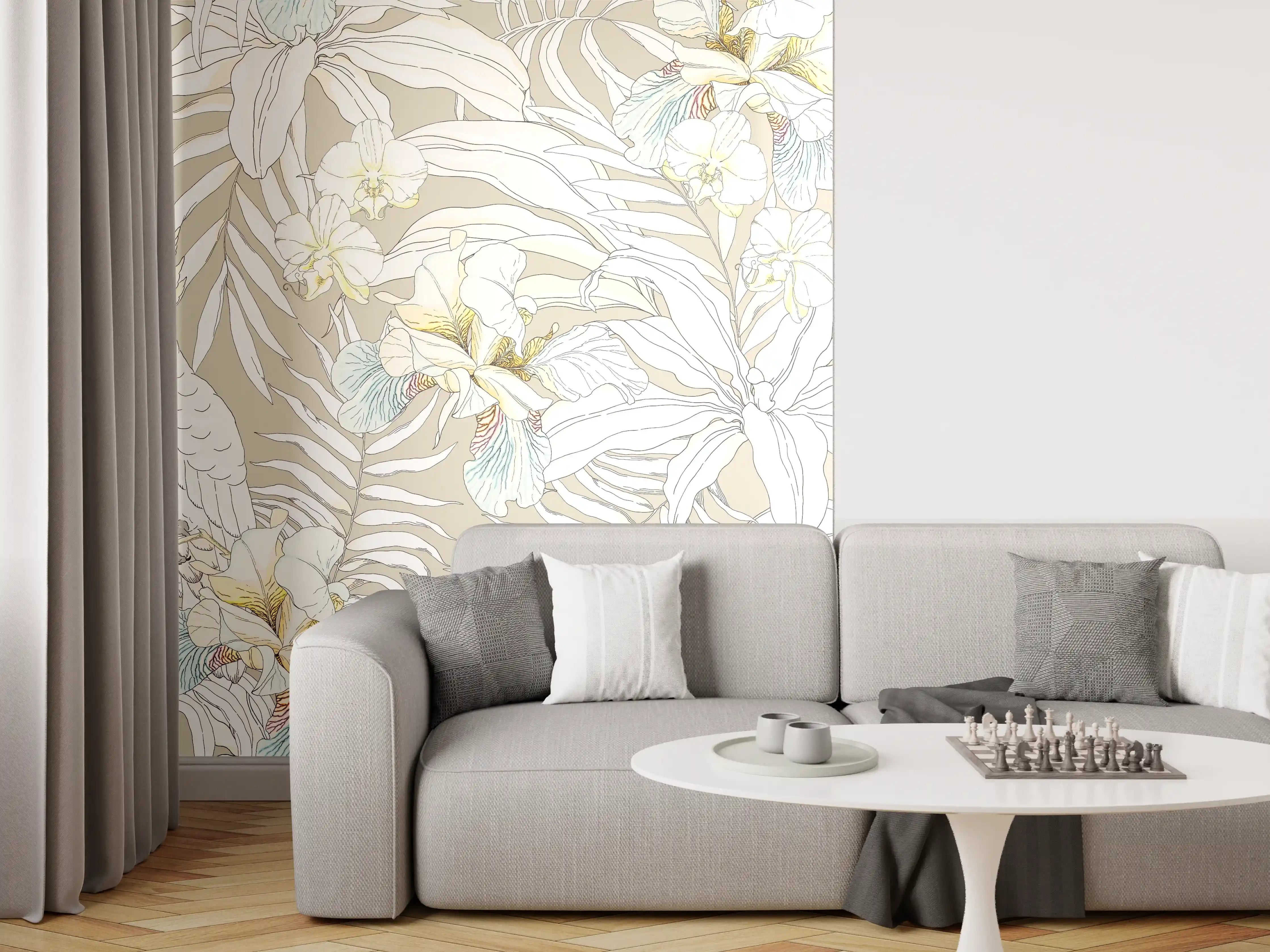 Wandverkleidung Wohnzimmer - Tropisches Kakadu-Floral Muster
