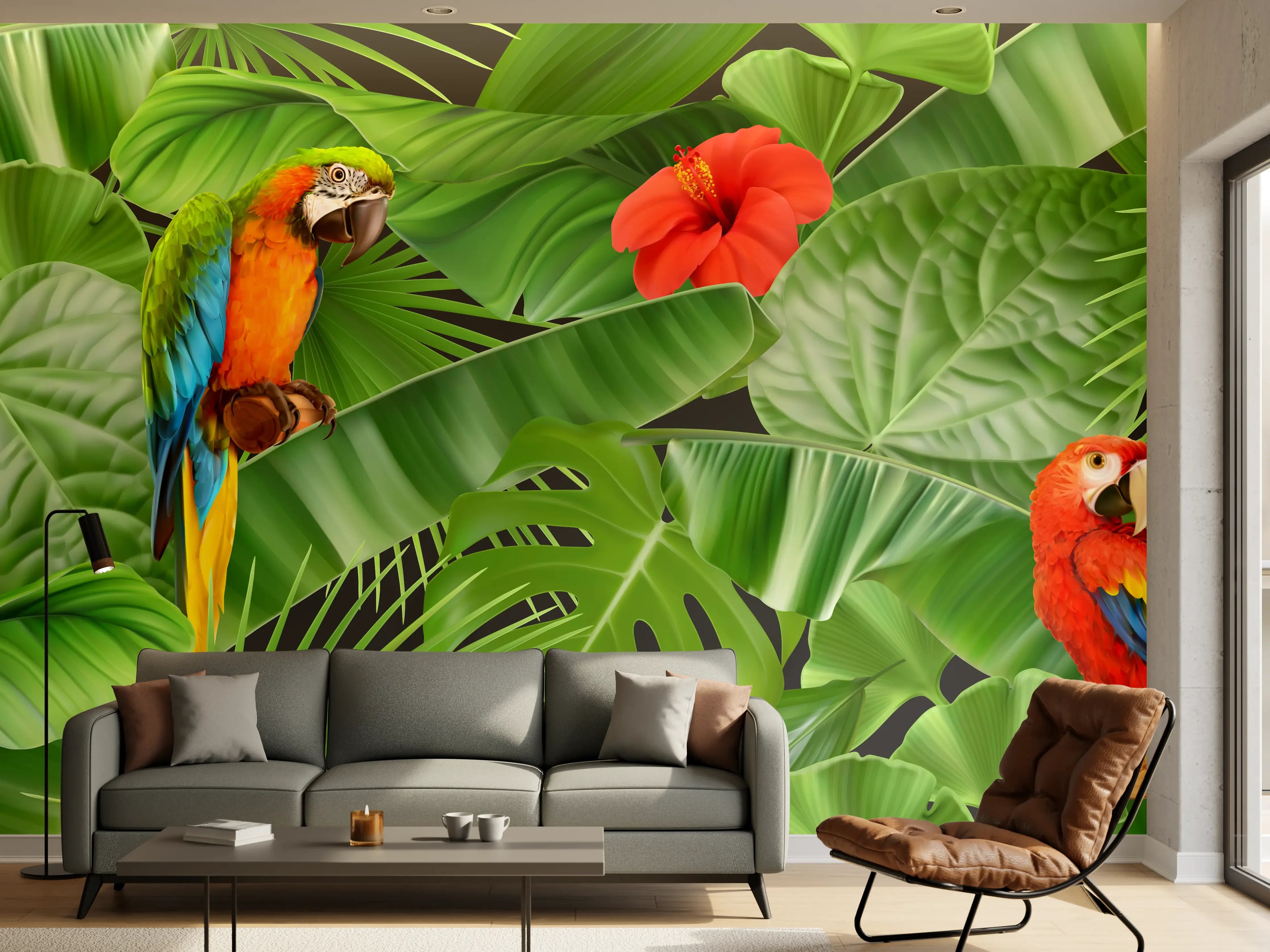 Wandverkleidung Wohnzimmer - Tropisches Papagei-Motiv