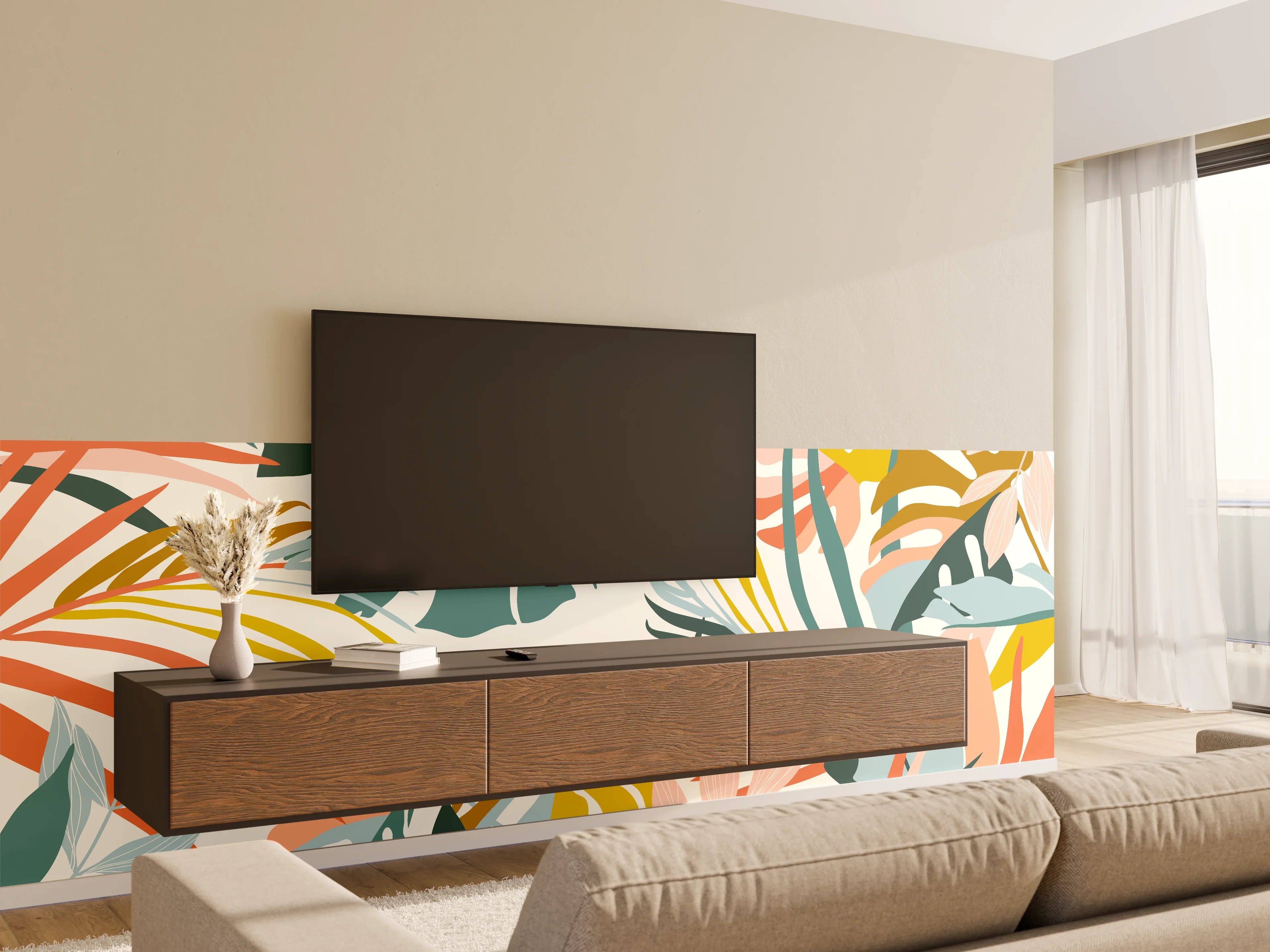 Wandverkleidung Wohnzimmer - Tropisches Pflanzenmuster Pastell