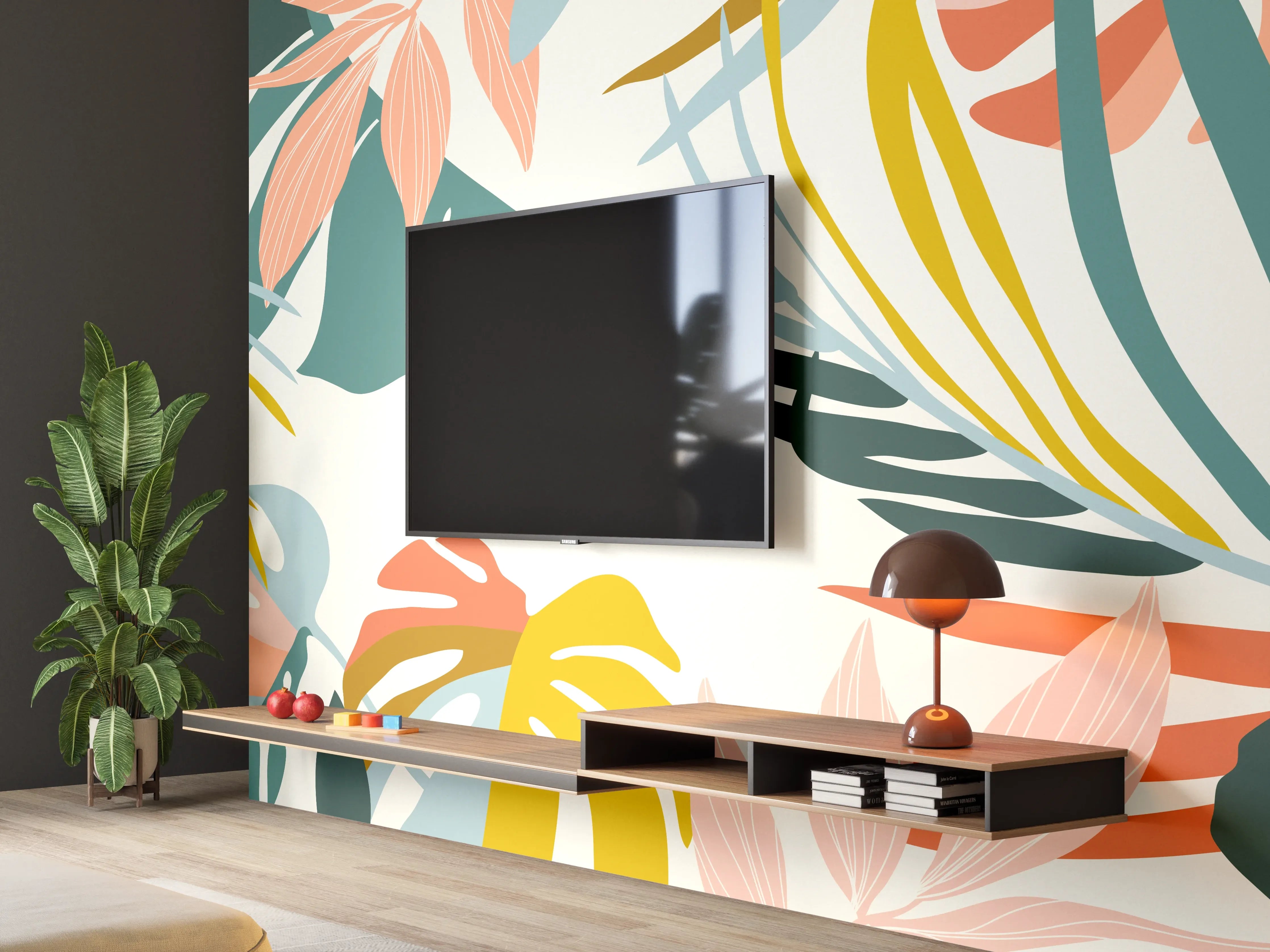 Wandverkleidung Wohnzimmer - Tropisches Pflanzenmuster Pastell
