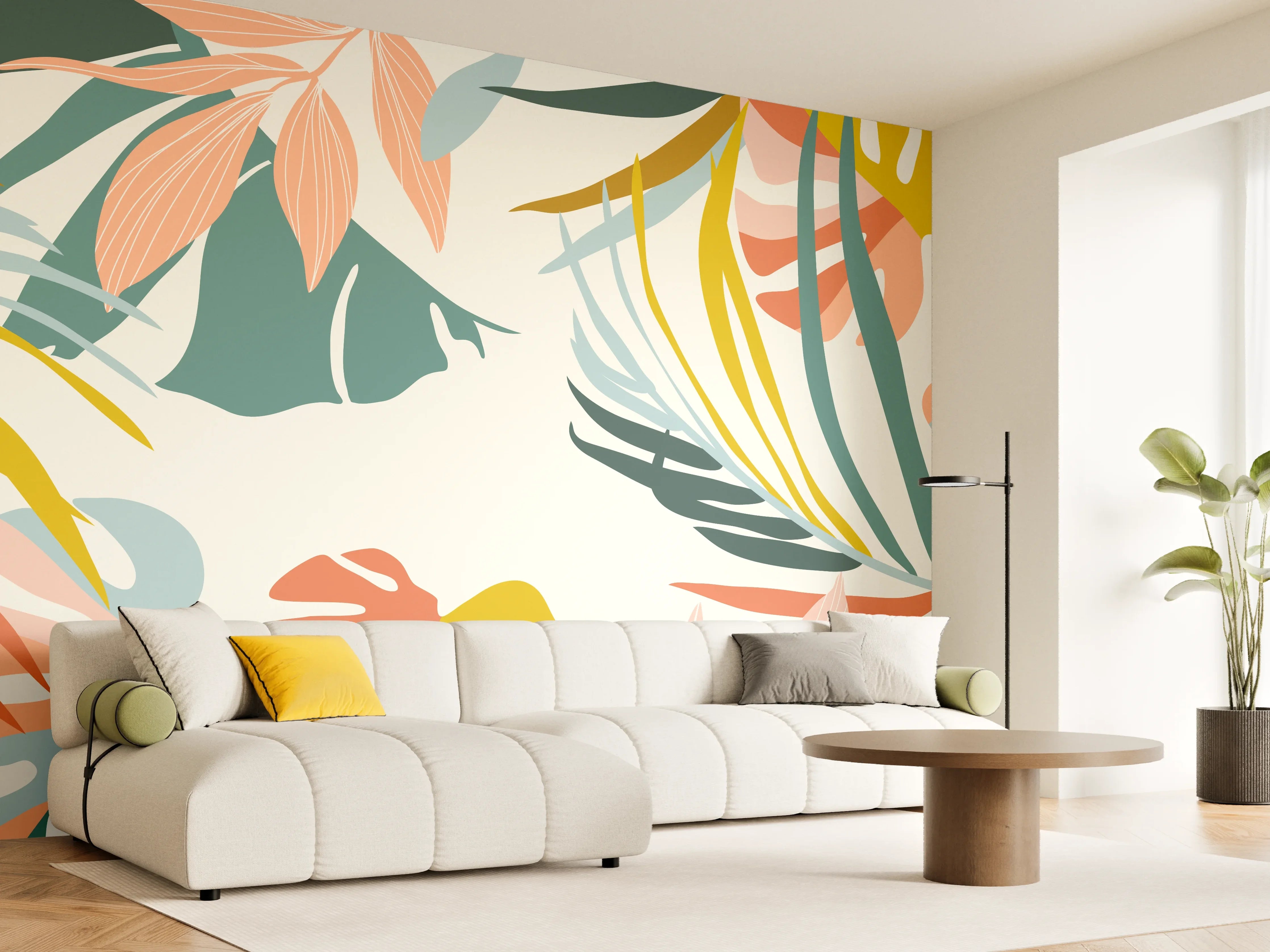 Wandverkleidung Wohnzimmer - Tropisches Pflanzenmuster Pastell