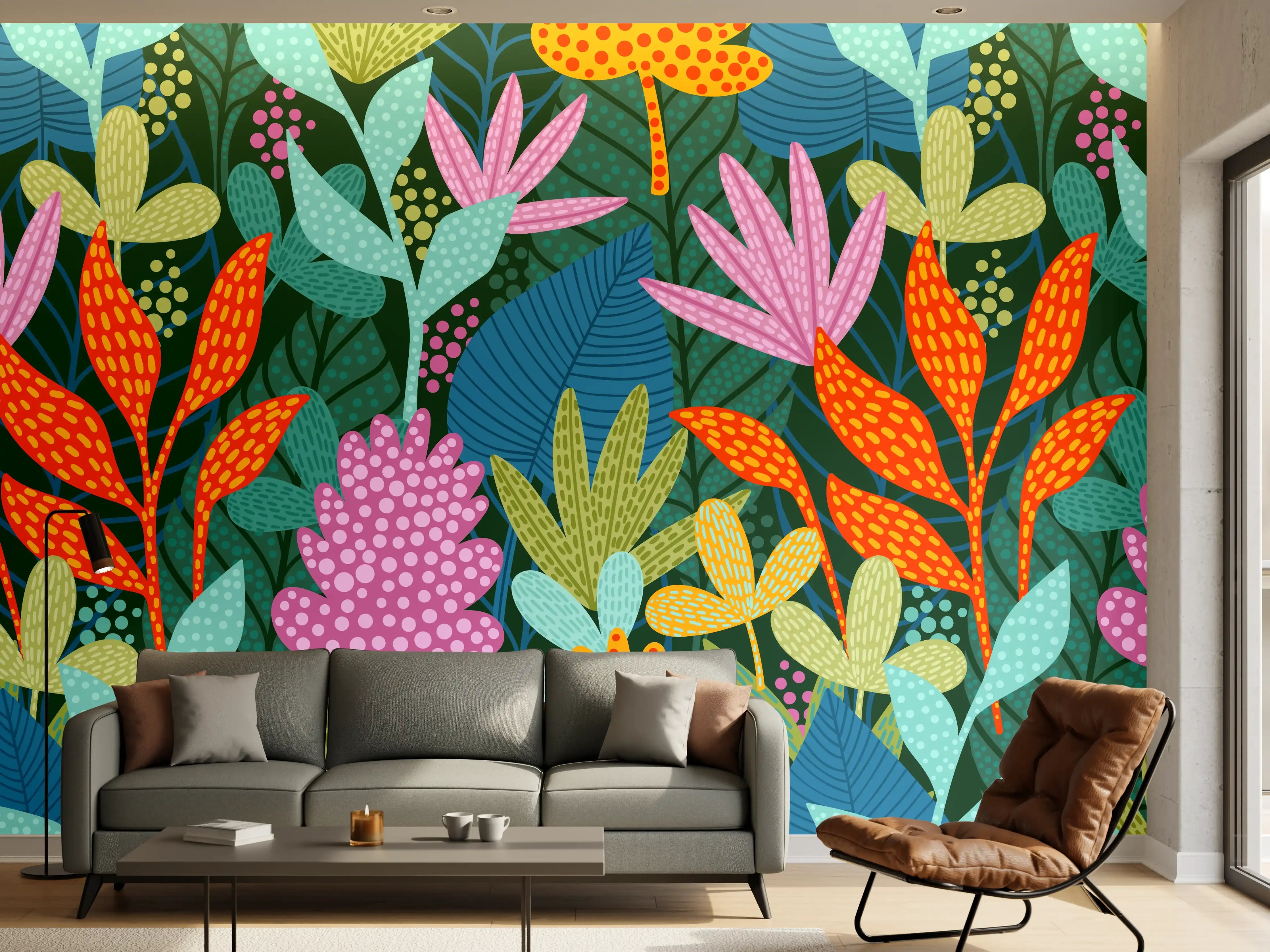 Wandverkleidung Wohnzimmer - Tropisches Pflanzenmuster