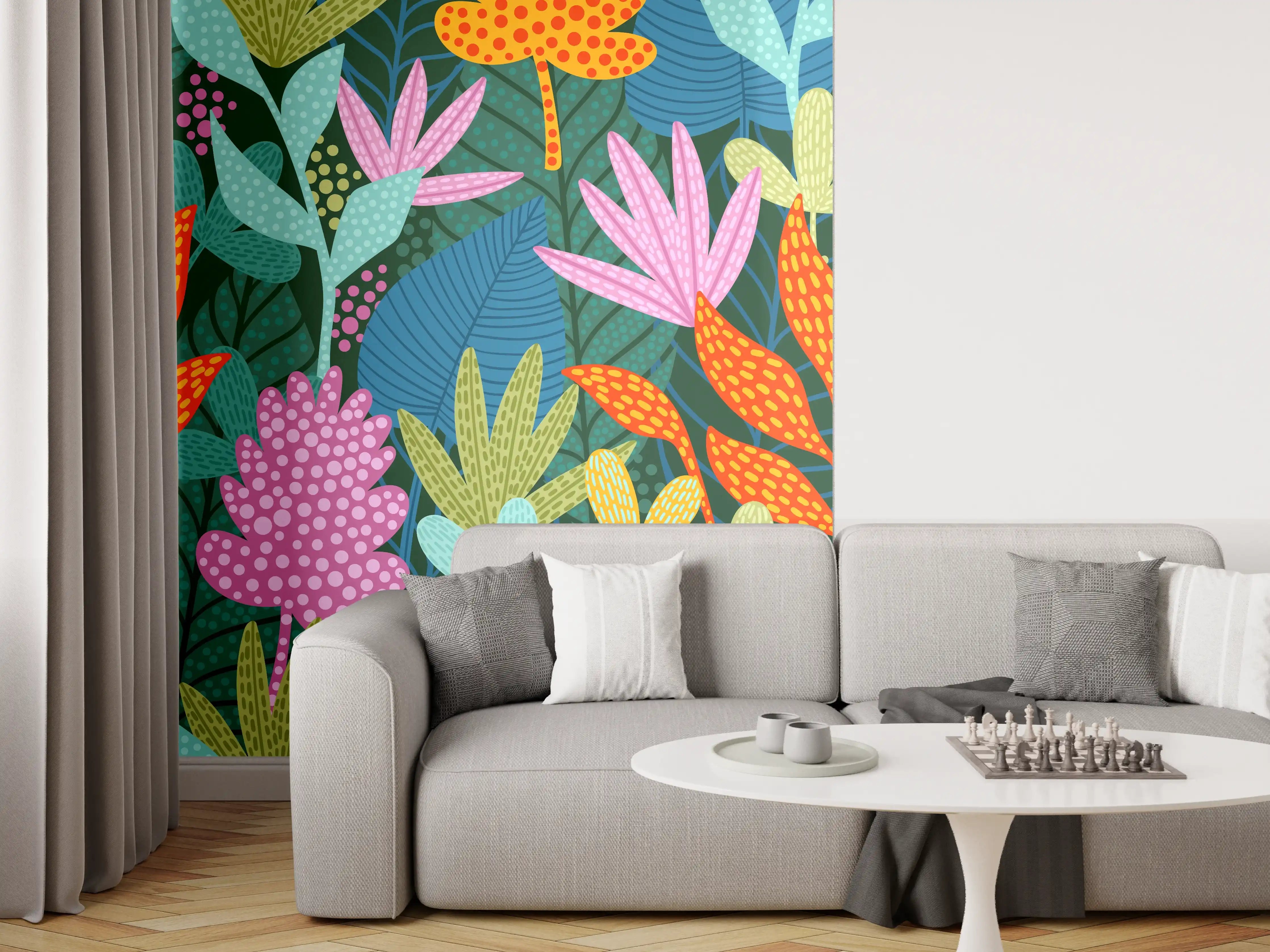 Wandverkleidung Wohnzimmer - Tropisches Pflanzenmuster