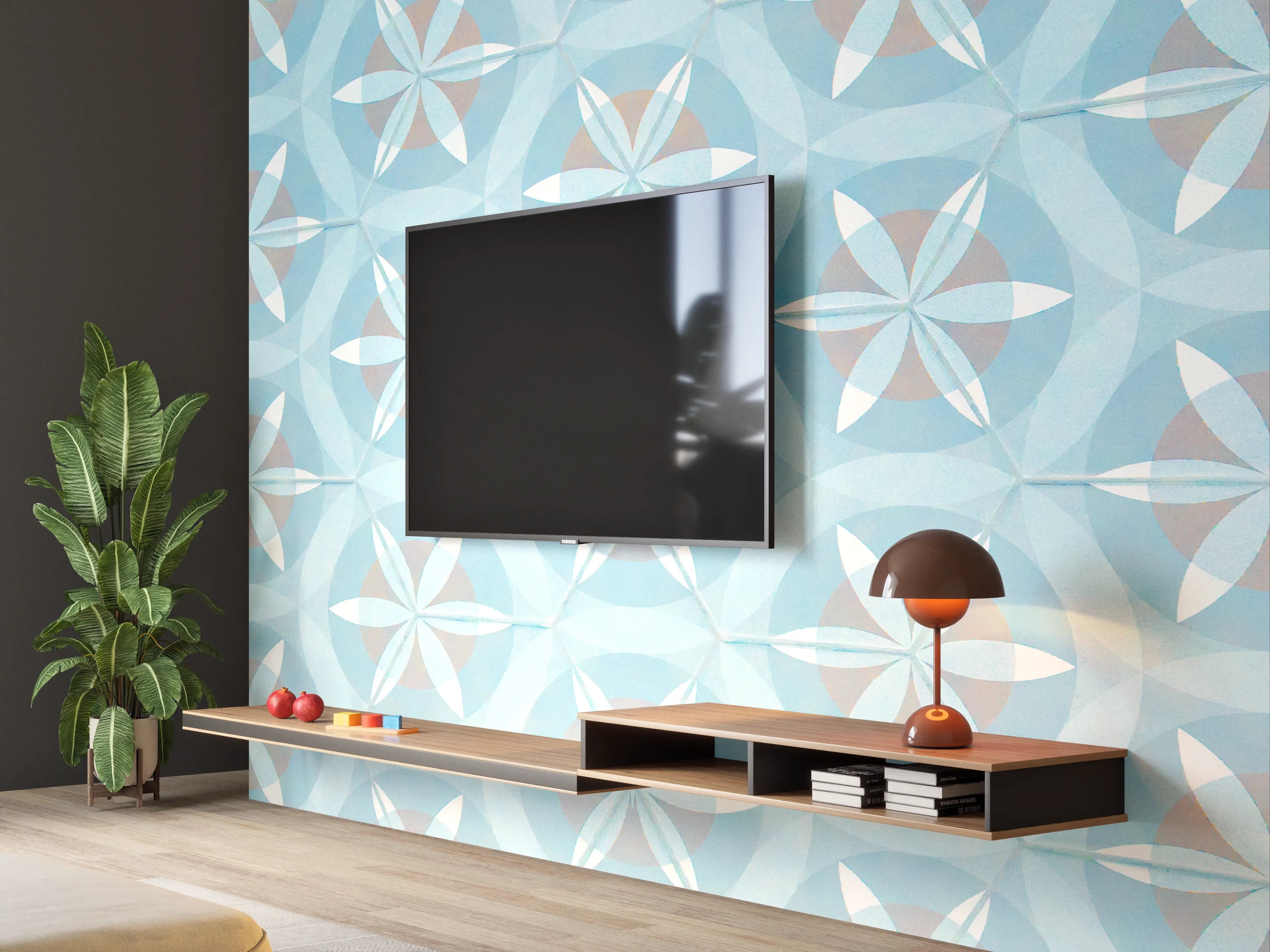 Wandverkleidung Wohnzimmer - Türkis-Braun Vintage geometrisch Mosaik