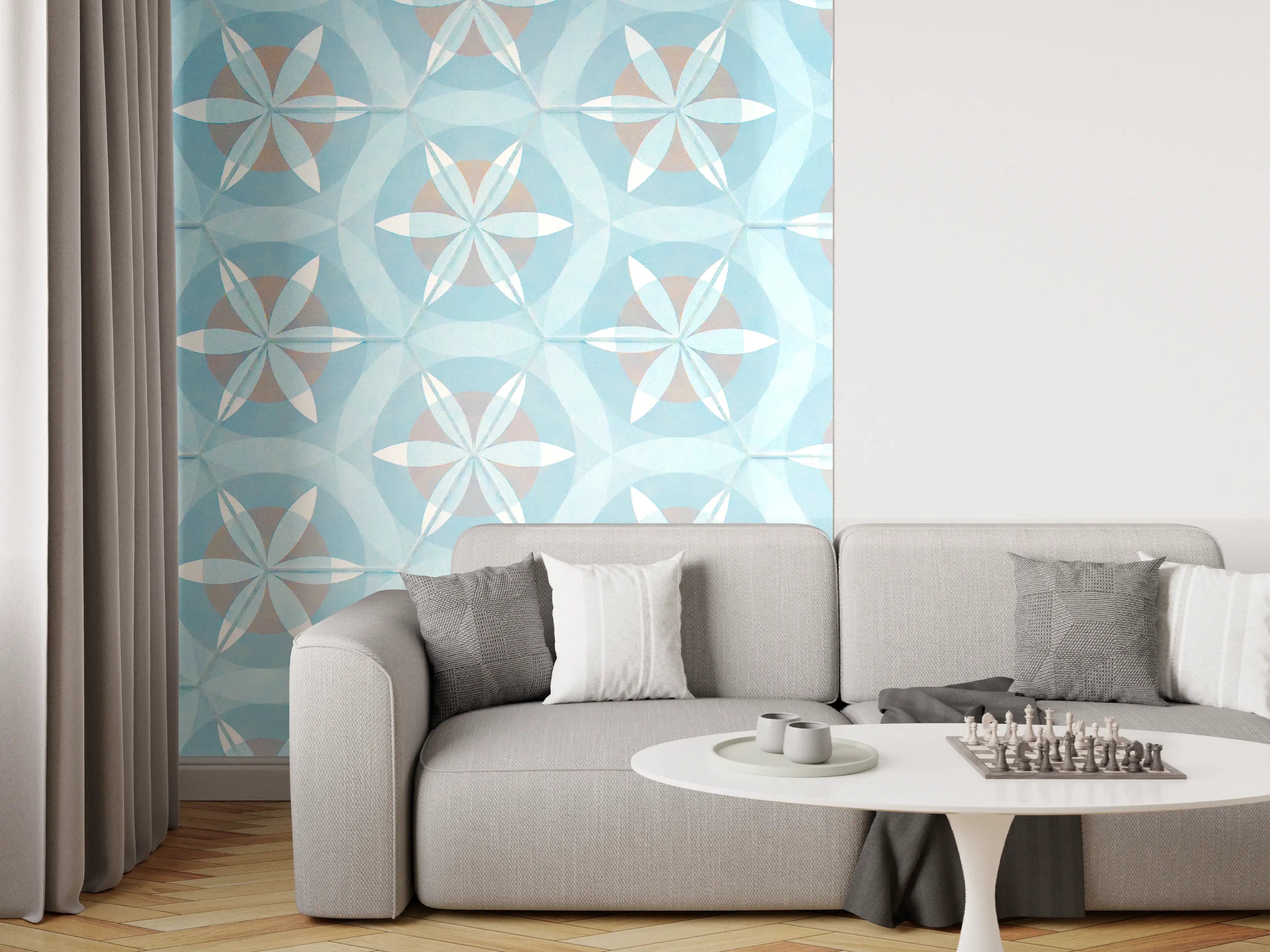 Wandverkleidung Wohnzimmer - Türkis-Braun Vintage geometrisch Mosaik