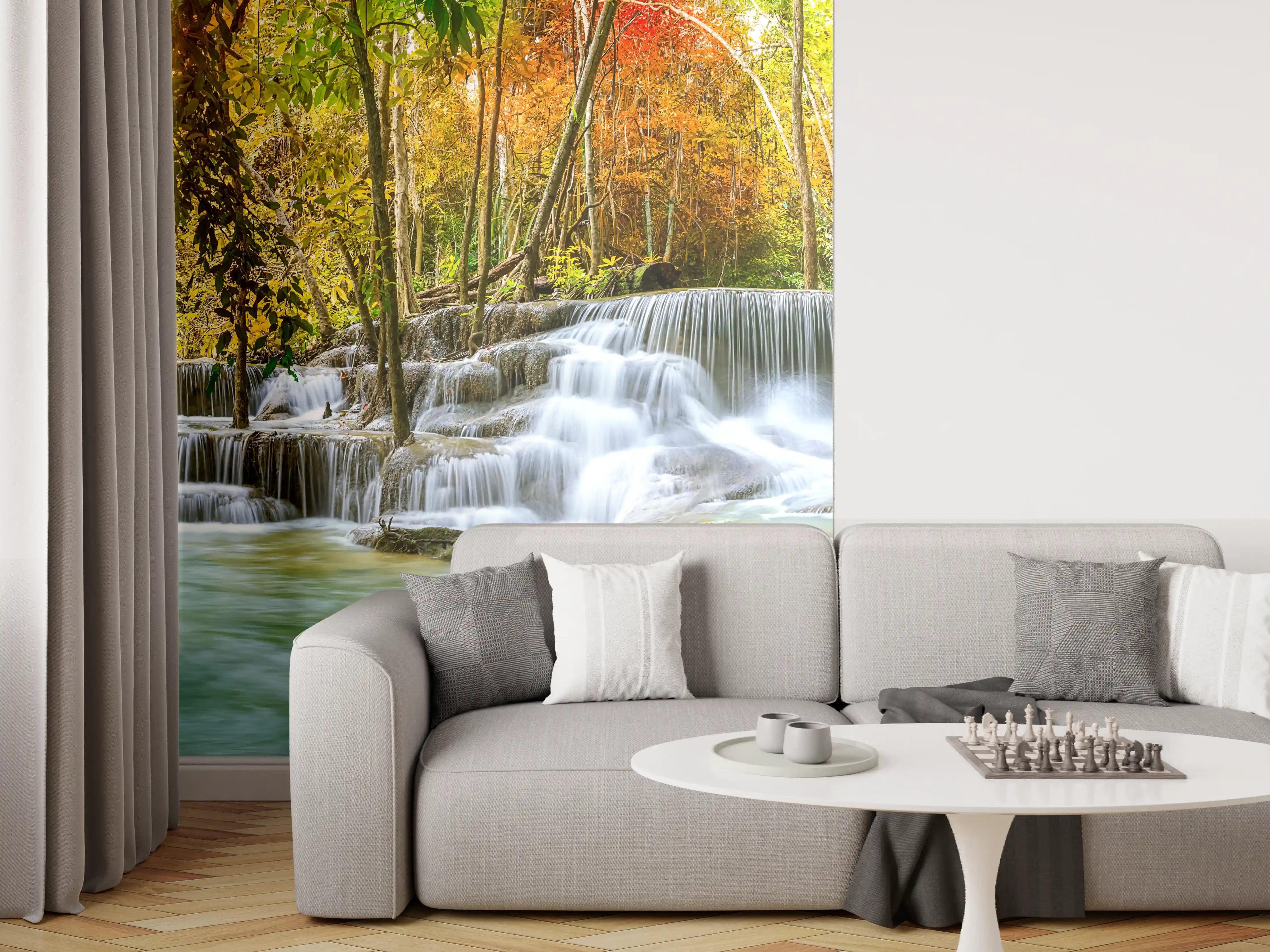 Wandverkleidung Wohnzimmer - Türkis-Grüner Wasserfall im Herbst