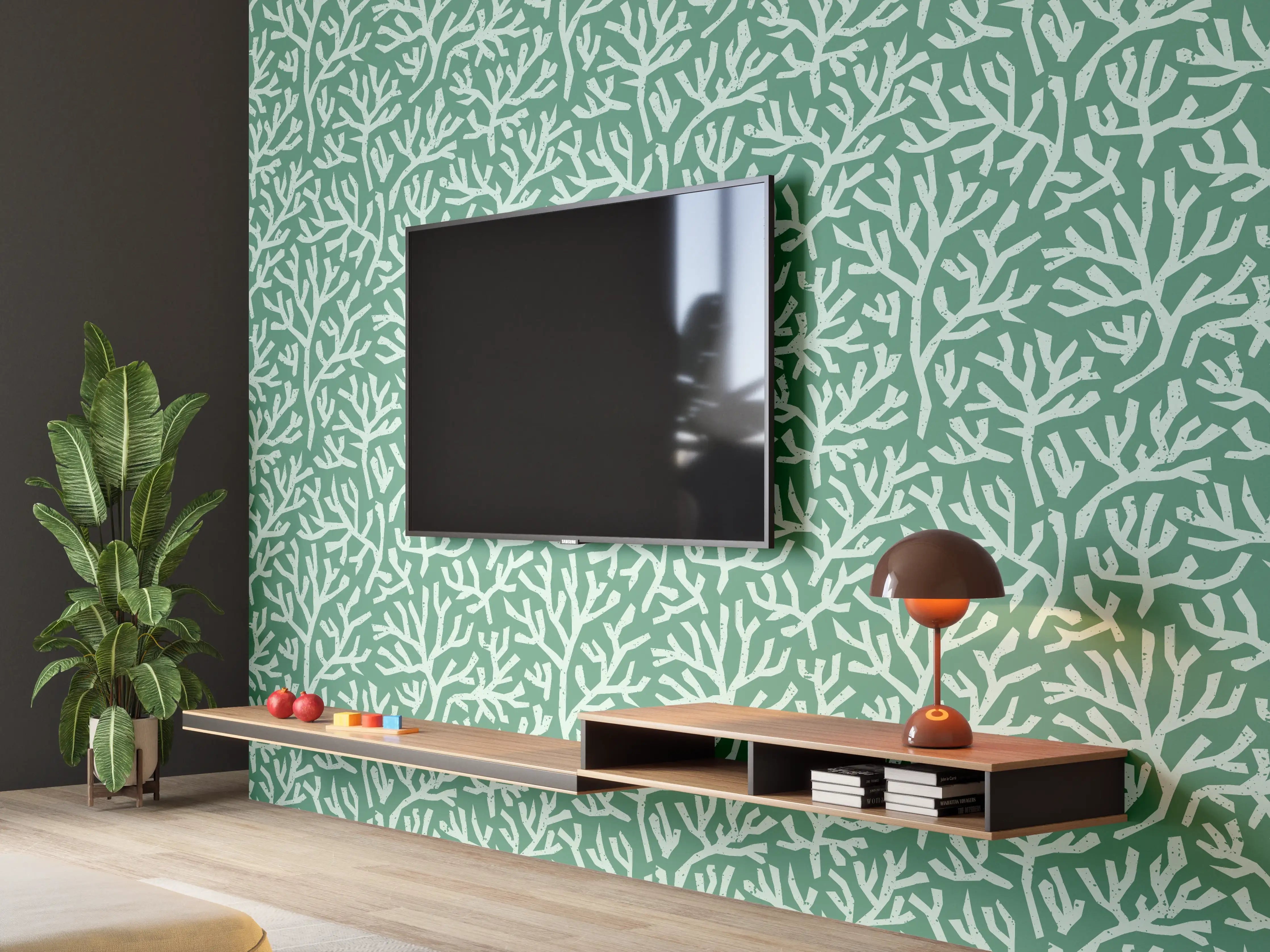 Wandverkleidung Wohnzimmer - Türkis Korallen Minimal-Muster