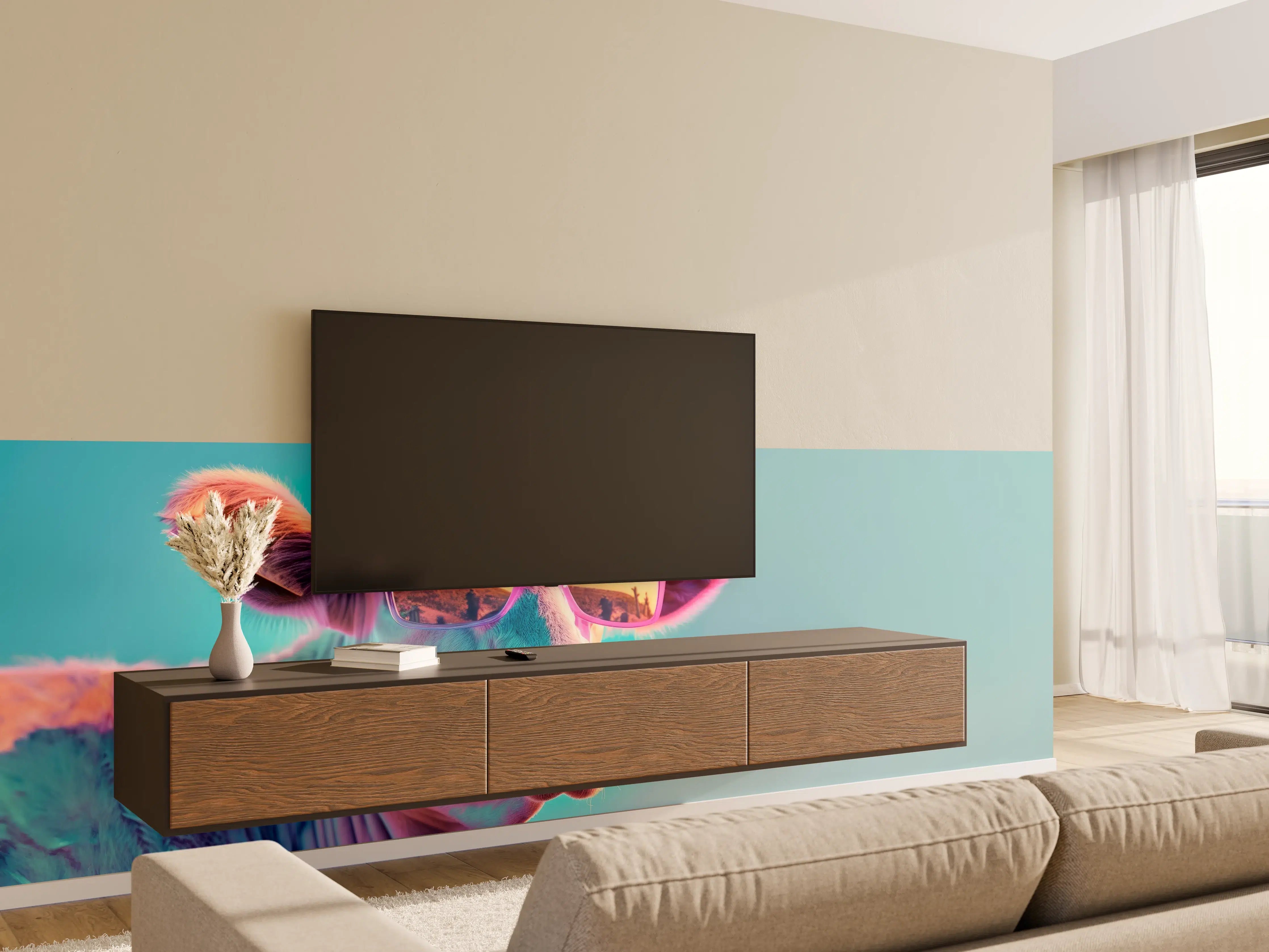 Wandverkleidung Wohnzimmer - Türkis-Pastell-Kuh mit Sonnenbrille
