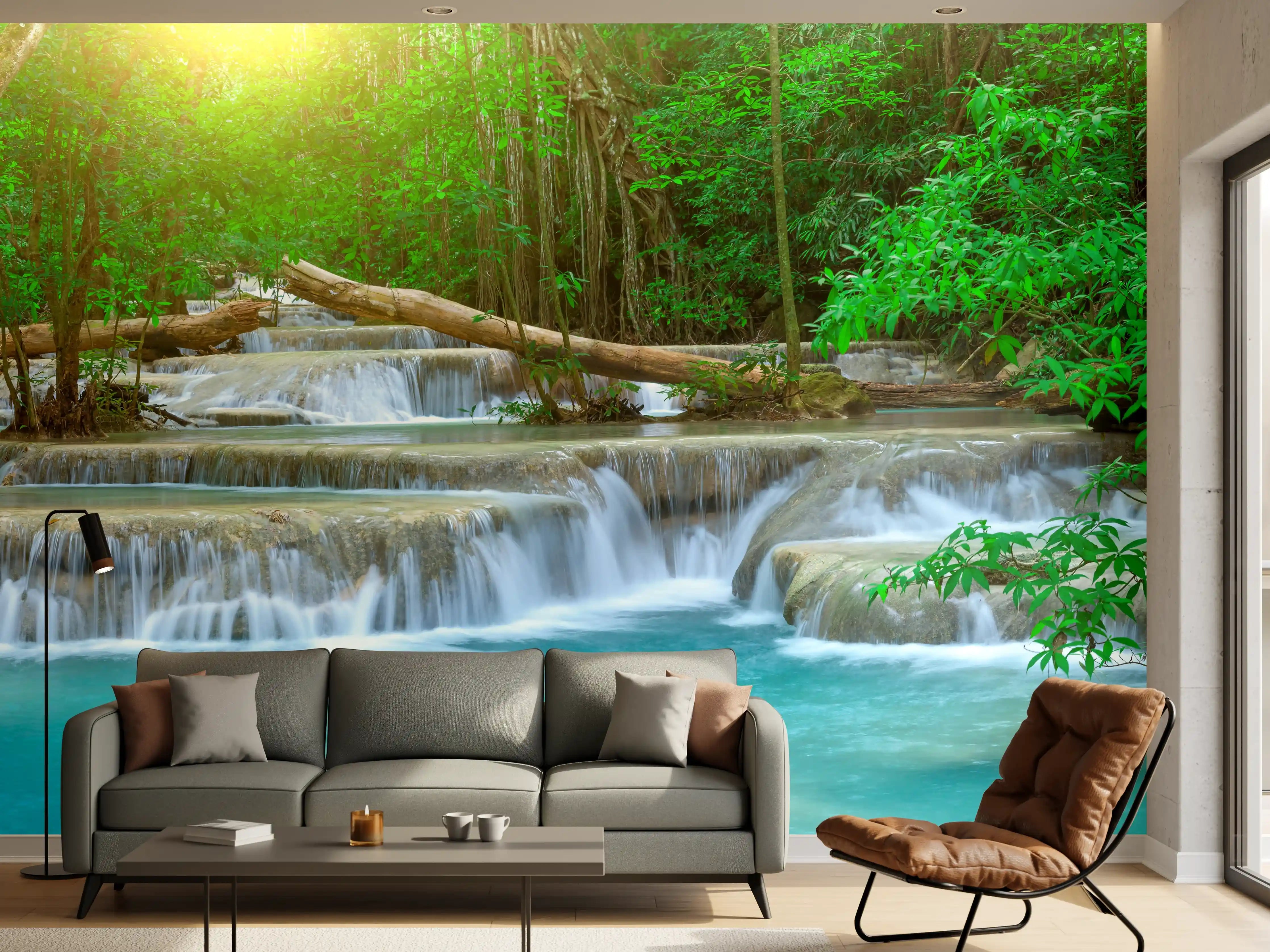 Wandverkleidung Wohnzimmer - Türkis-Wasserfall im grünen Wald