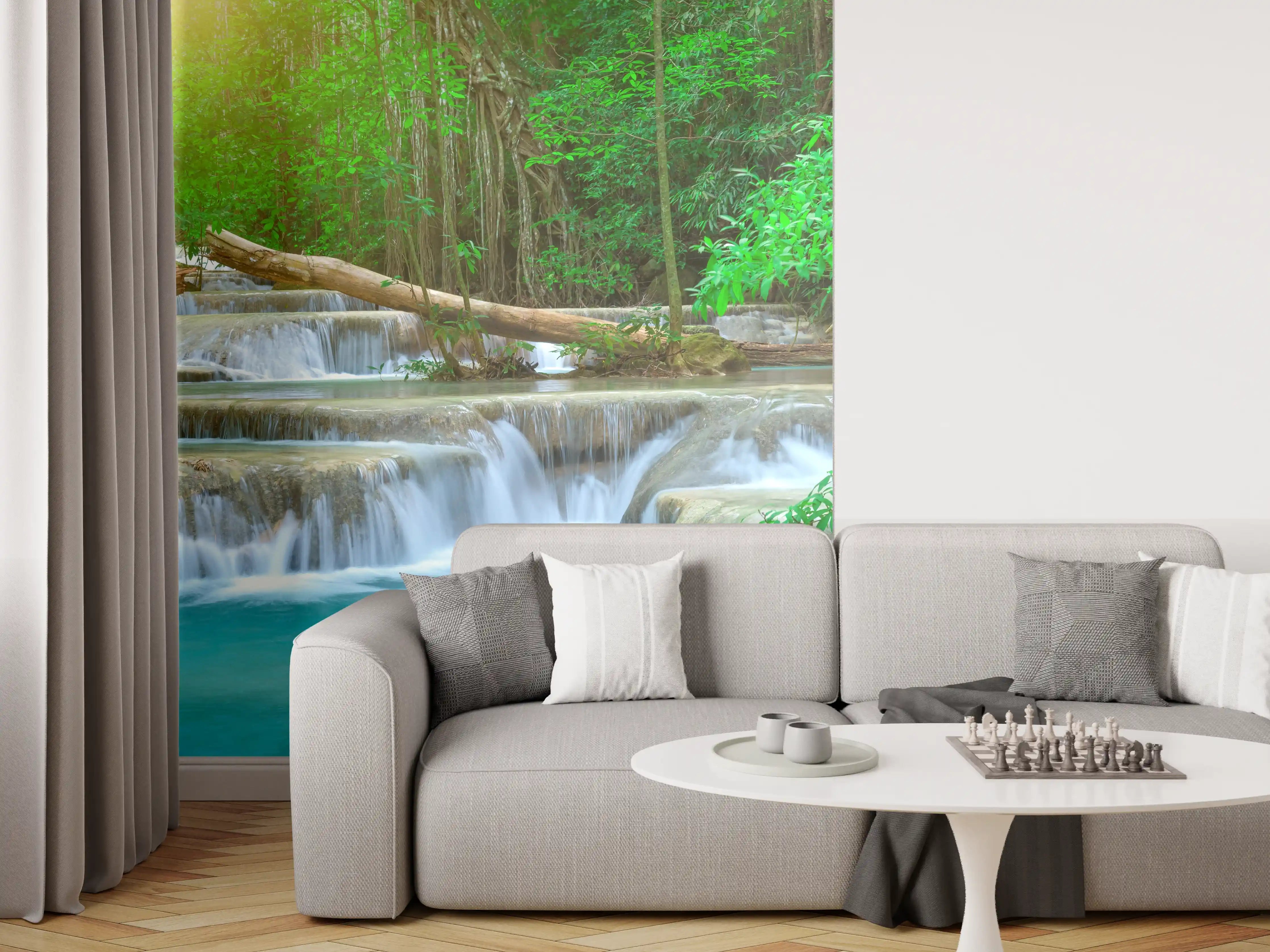 Wandverkleidung Wohnzimmer - Türkis-Wasserfall im grünen Wald