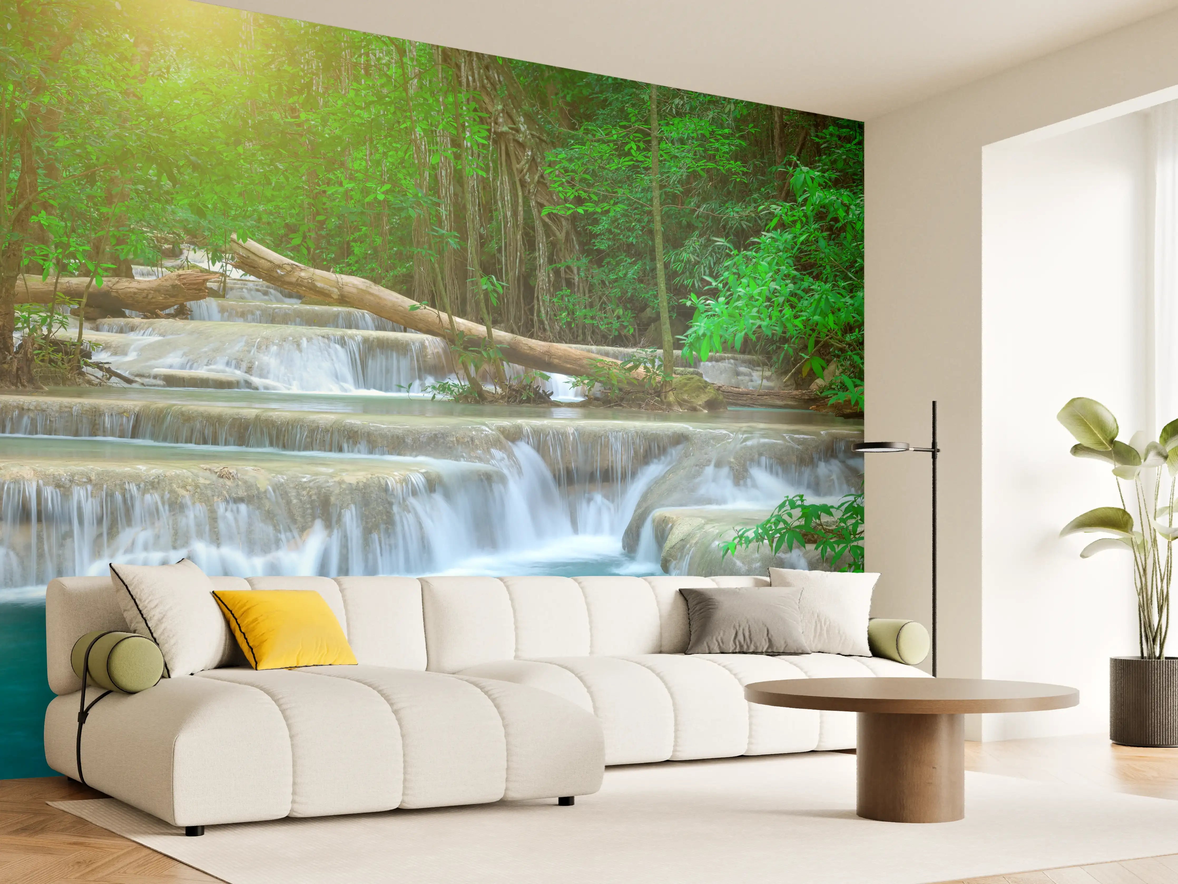 Wandverkleidung Wohnzimmer - Türkis-Wasserfall im grünen Wald