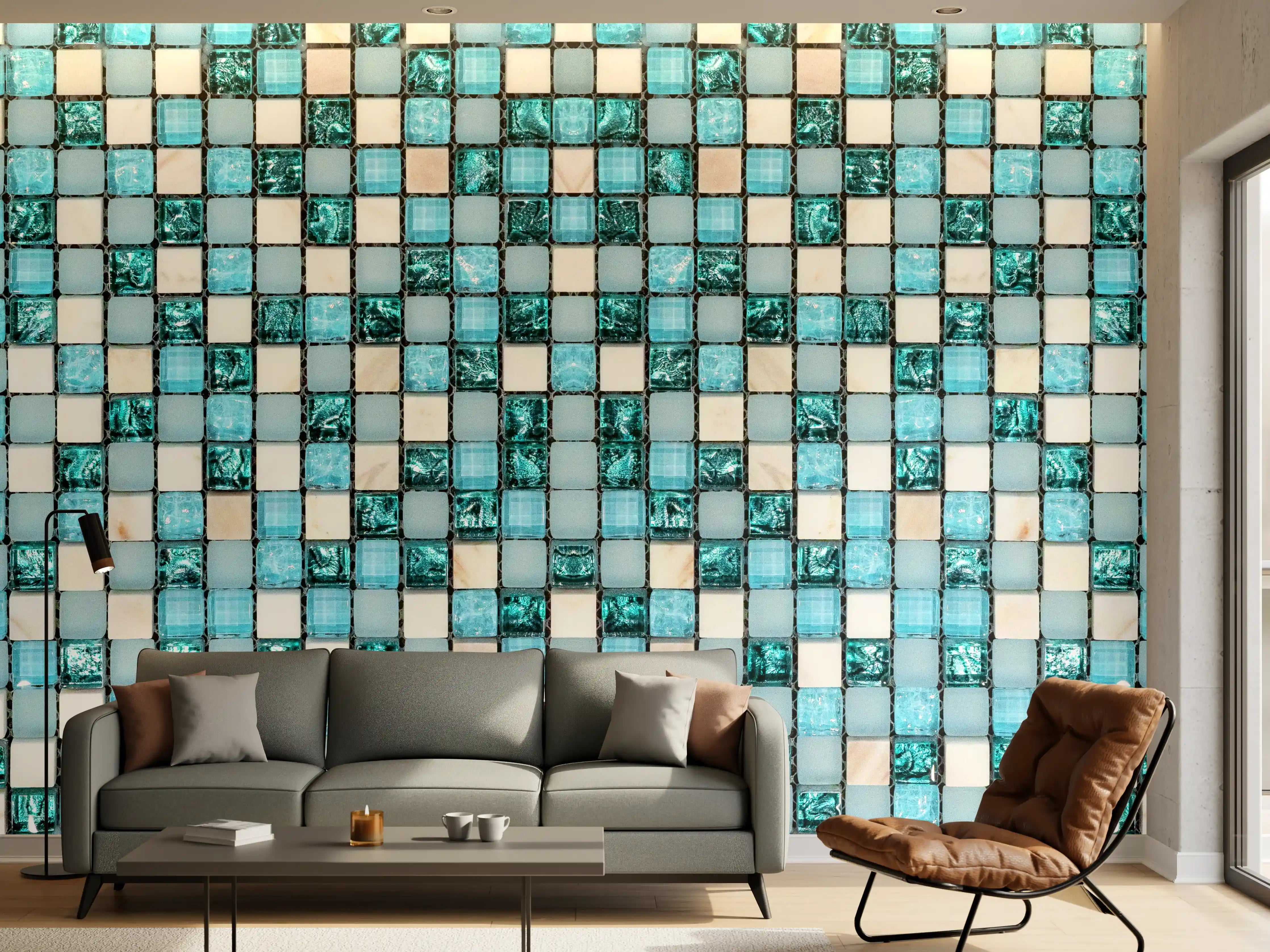 Wandverkleidung Wohnzimmer - Türkis-Weißes Aquamarin Mosaik