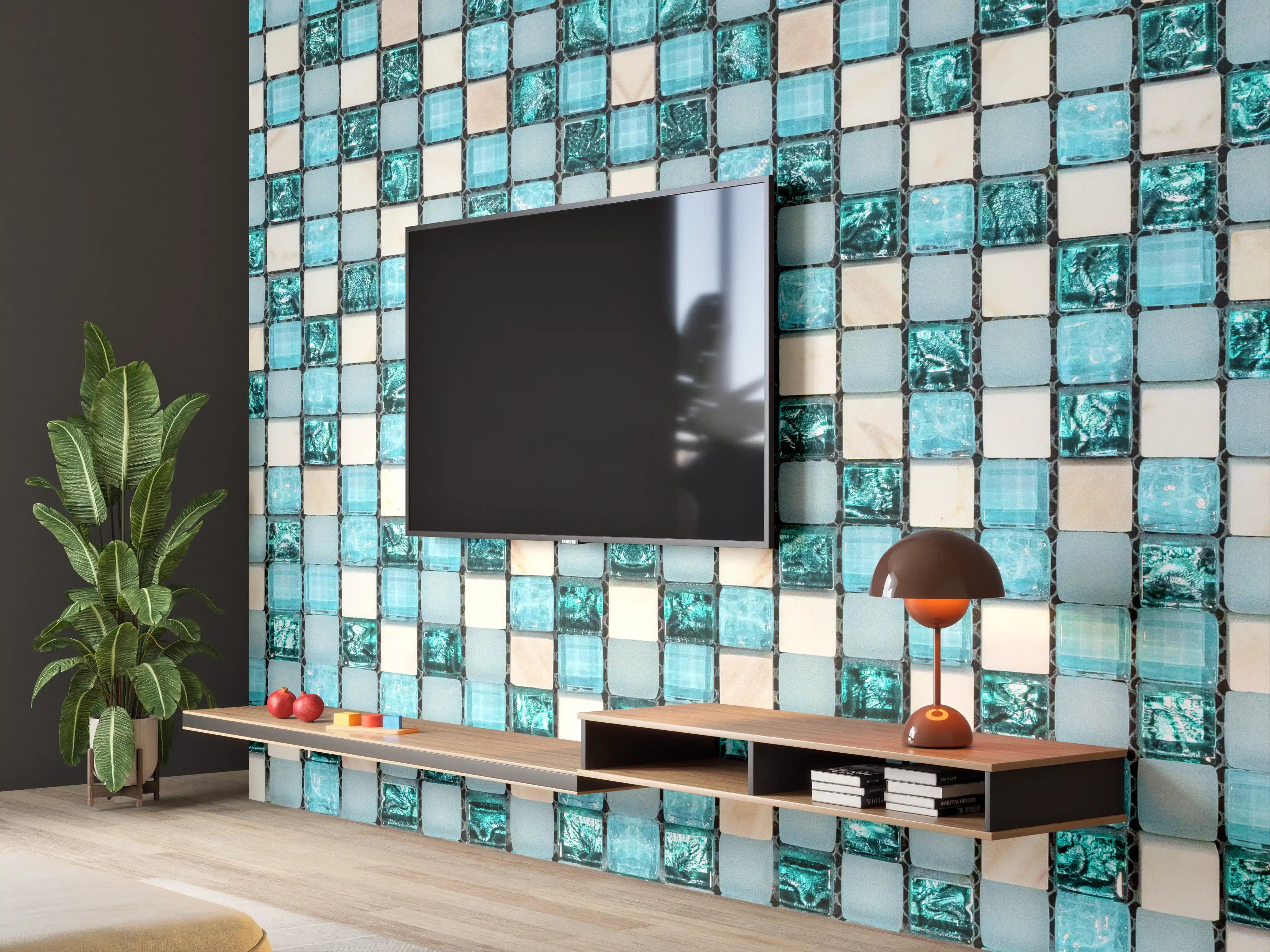 Wandverkleidung Wohnzimmer - Türkis-Weißes Aquamarin Mosaik